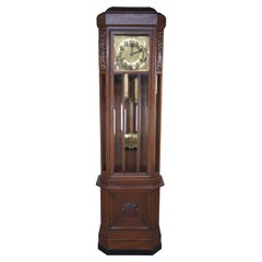 Antique Victorian German Oak Brass 2 Weight Longcase Grandfather Clock 83"