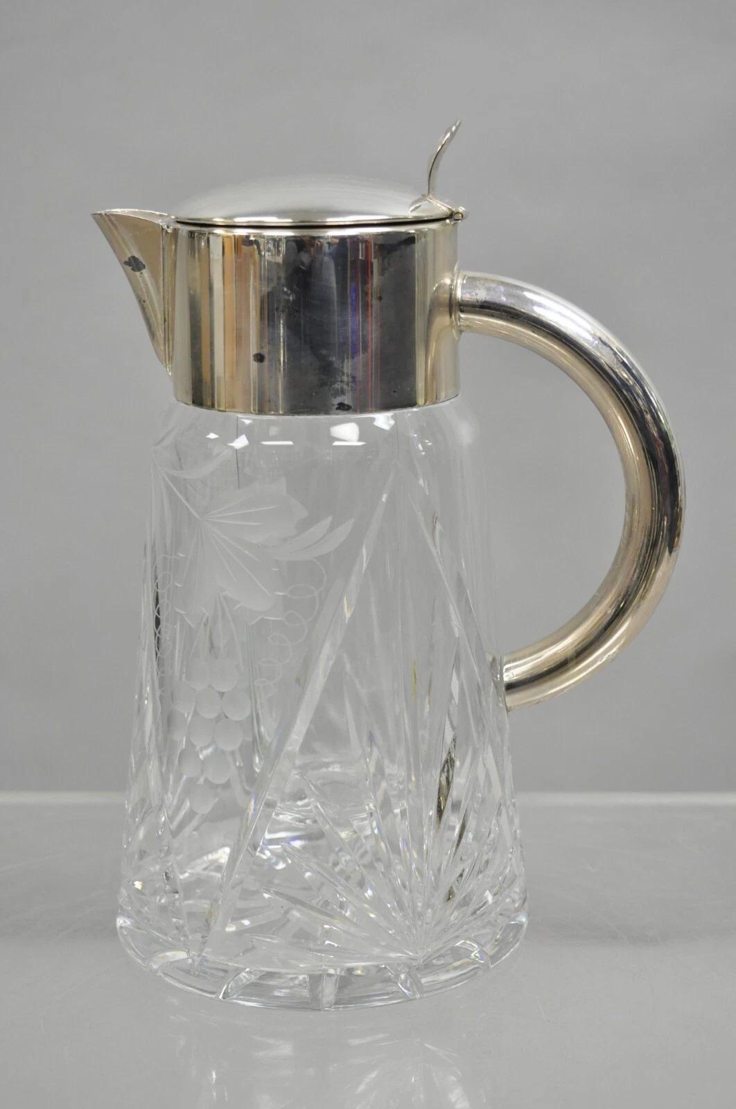 Antique Victorian German Silver Plated Cut Crystal Glass Lemonade Water Pitcher For Sale 6