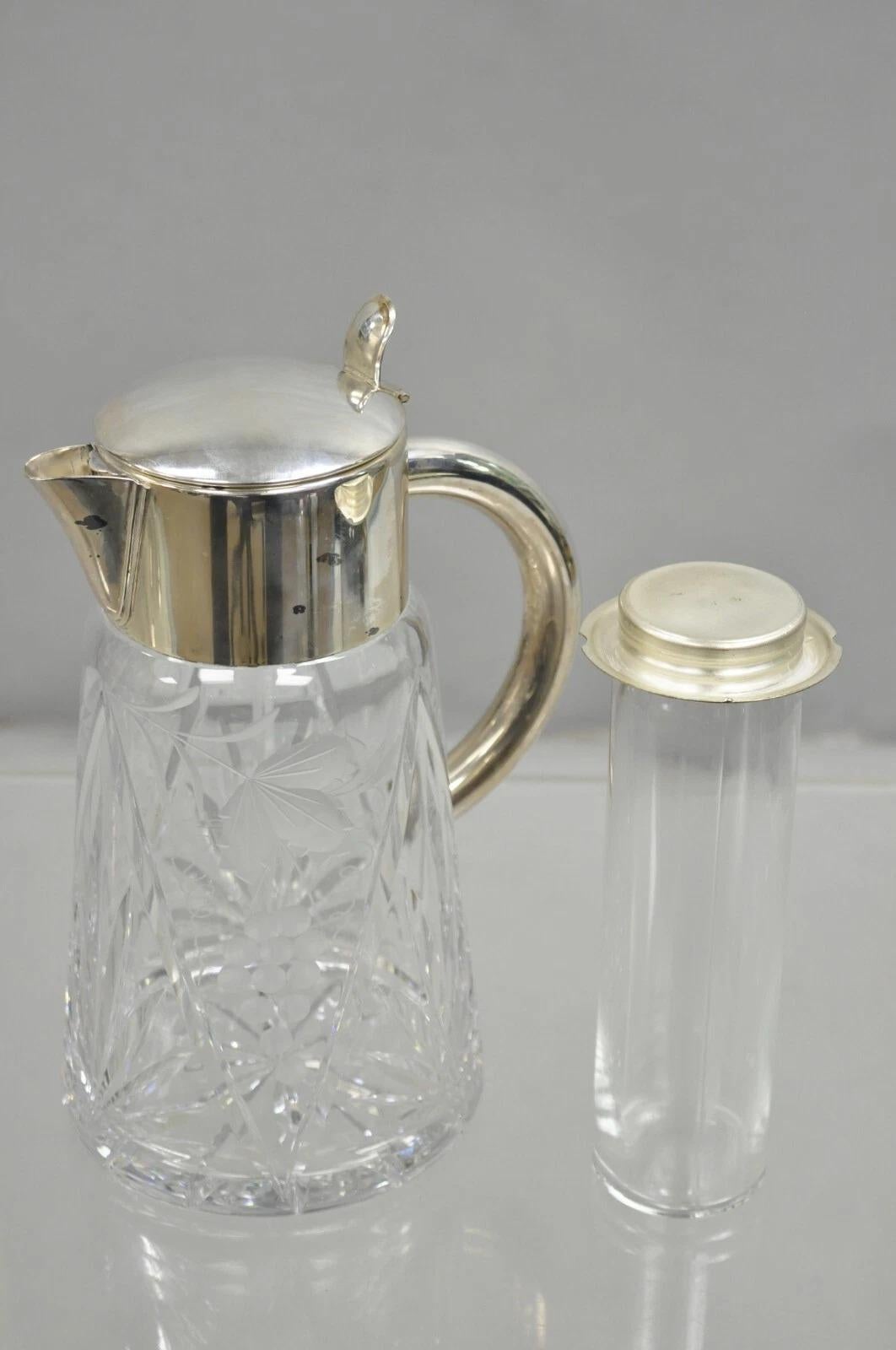 Antique Victorian Germany Silver Plated Cut Crystal Glass Lemonade Water Pitcher. Made in Germany. Circa Early 20th Century. Measurements: 11