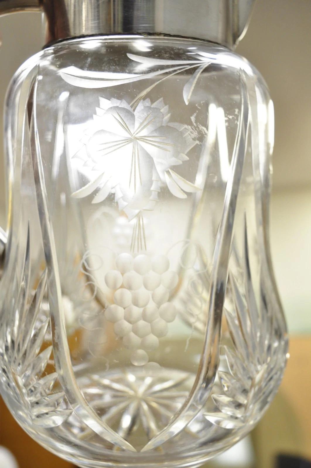 Antique Victorian German Silver Plated Cut Crystal Glass Lemonade Water Pitcher. Made in Germany. Circa Early 20th Century. Measurements: 11.5