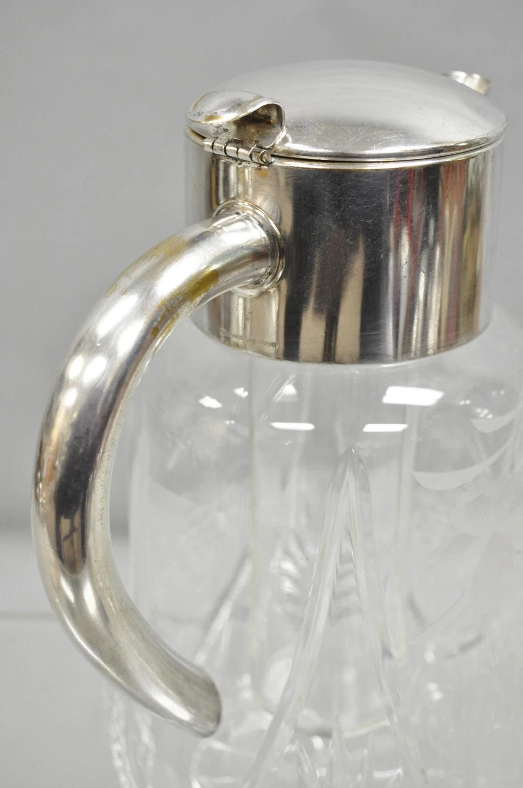 20th Century Antique Victorian German Silver Plated Cut Crystal Glass Lemonade Water Pitcher For Sale