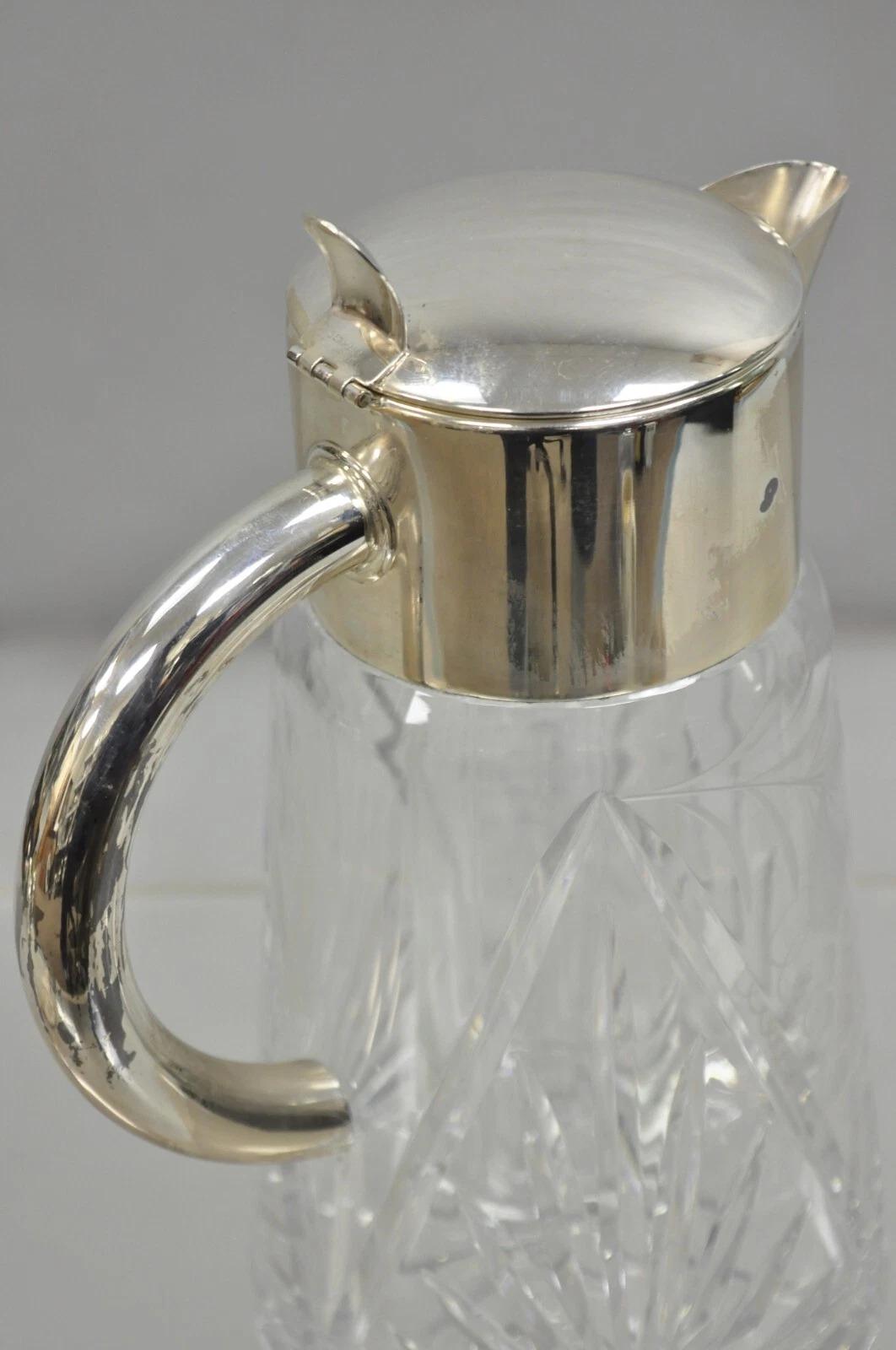 20th Century Antique Victorian German Silver Plated Cut Crystal Glass Lemonade Water Pitcher For Sale