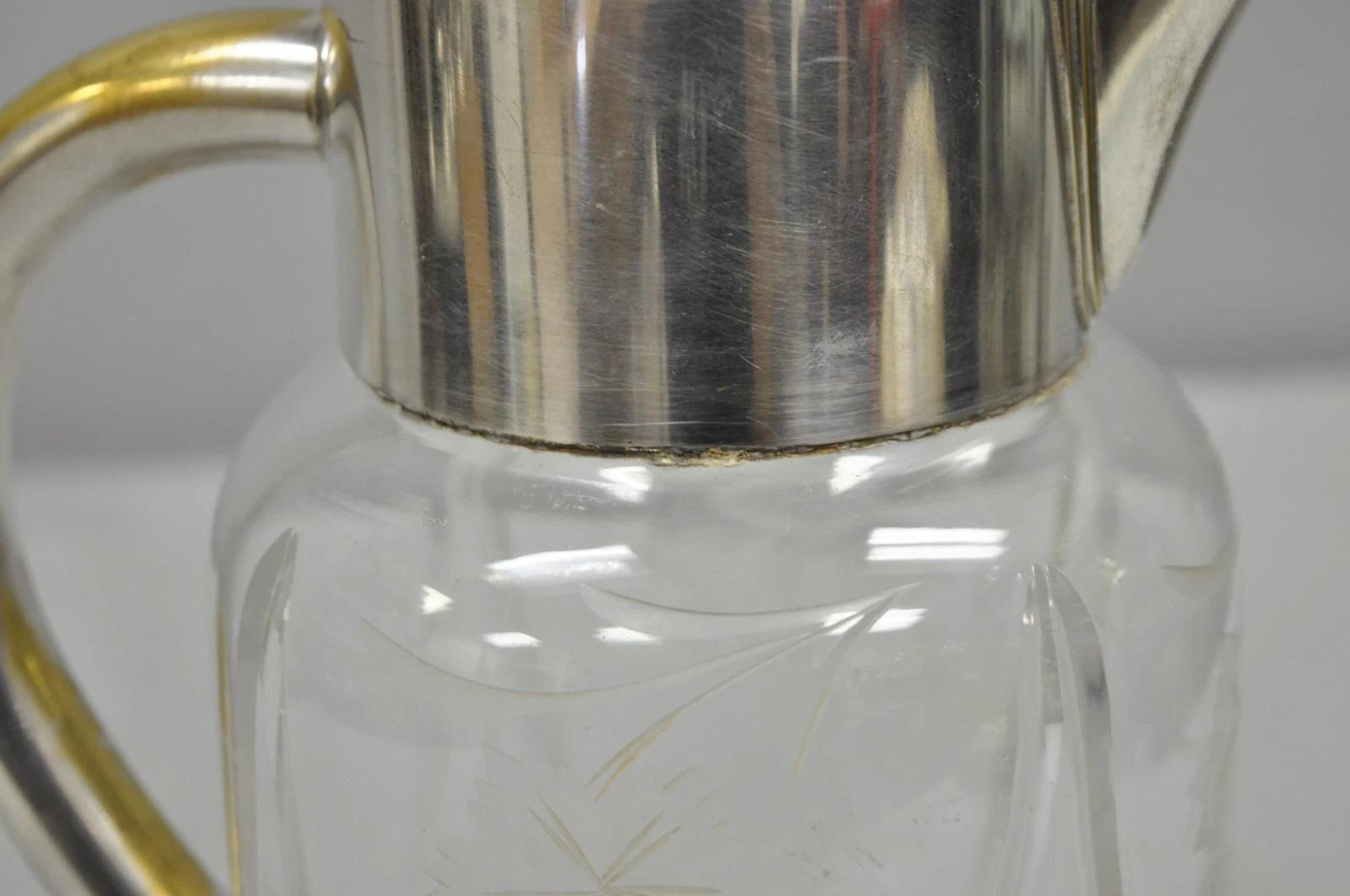 Antique Victorian German Silver Plated Cut Crystal Glass Lemonade Water Pitcher For Sale 3