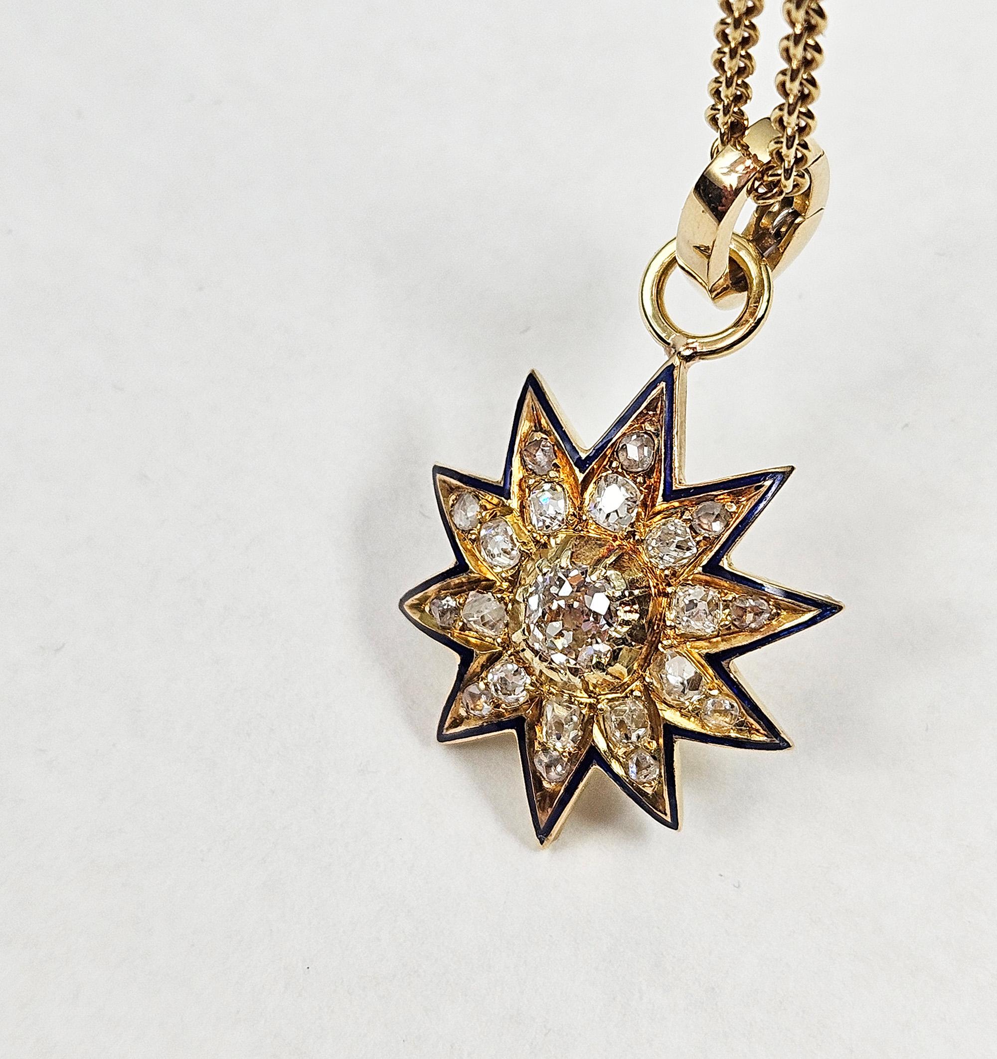 Antico ciondolo vittoriano GIA in oro 19K con diamante Old Mine da 1,21ctw e smalto blu. in vendita 6