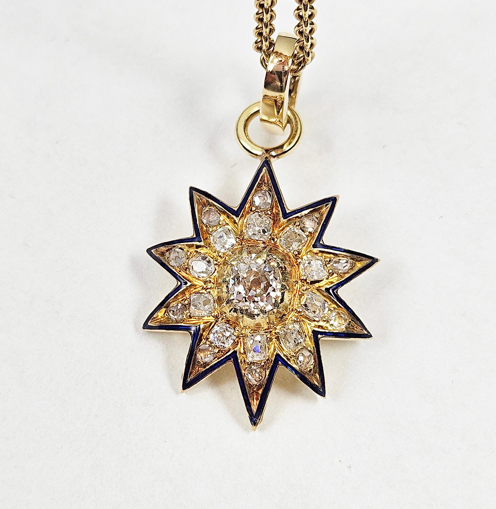 Antico ciondolo vittoriano GIA in oro 19K con diamante Old Mine da 1,21ctw e smalto blu. in vendita 8