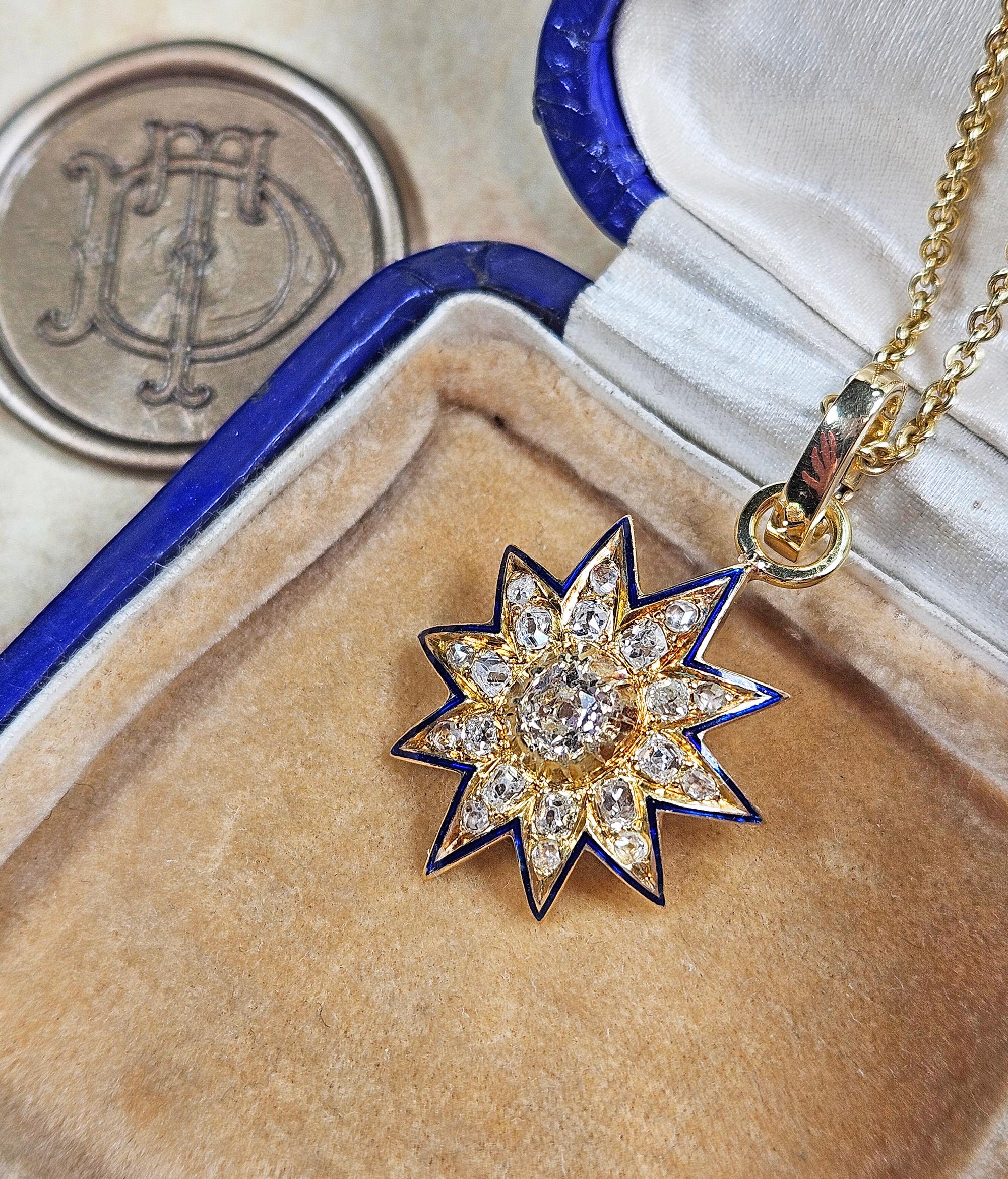 Antico ciondolo vittoriano GIA in oro 19K con diamante Old Mine da 1,21ctw e smalto blu. in vendita 11