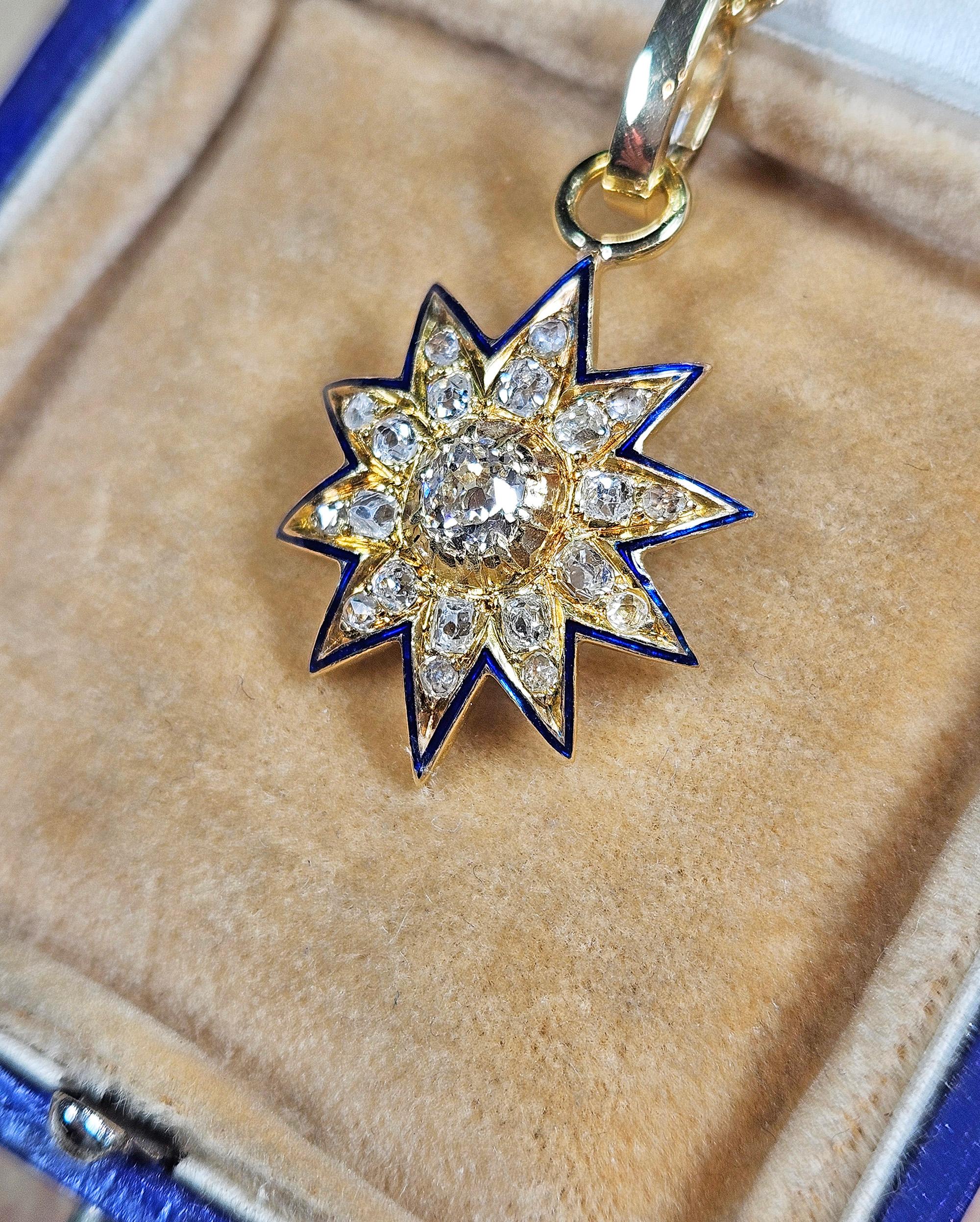 Antico ciondolo vittoriano GIA in oro 19K con diamante Old Mine da 1,21ctw e smalto blu. in vendita 12