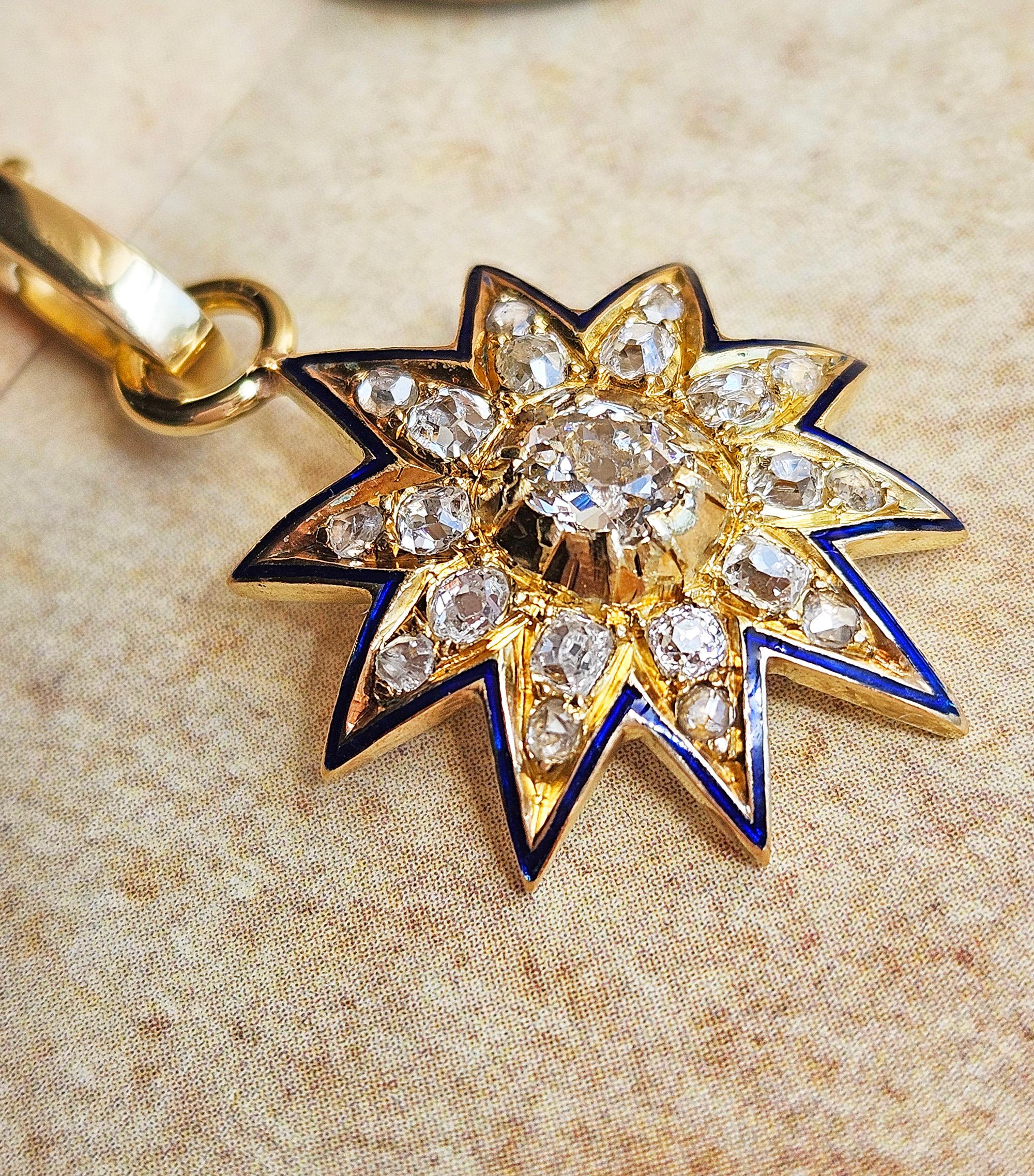 GIA Ciondolo a stella in oro giallo 19 carati, diamante antico, smalto blu, originale dell'inizio dell'epoca vittoriana inglese.
Fai un salto indietro nel tempo con questo capolavoro celeste mozzafiato, certificato GIA e risalente all'inizio
