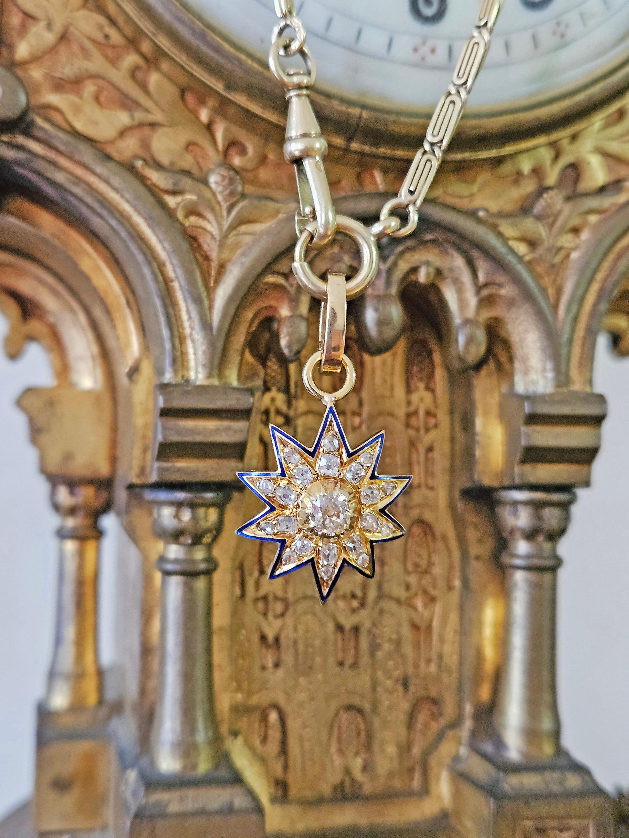 Antico ciondolo vittoriano GIA in oro 19K con diamante Old Mine da 1,21ctw e smalto blu. in vendita 14