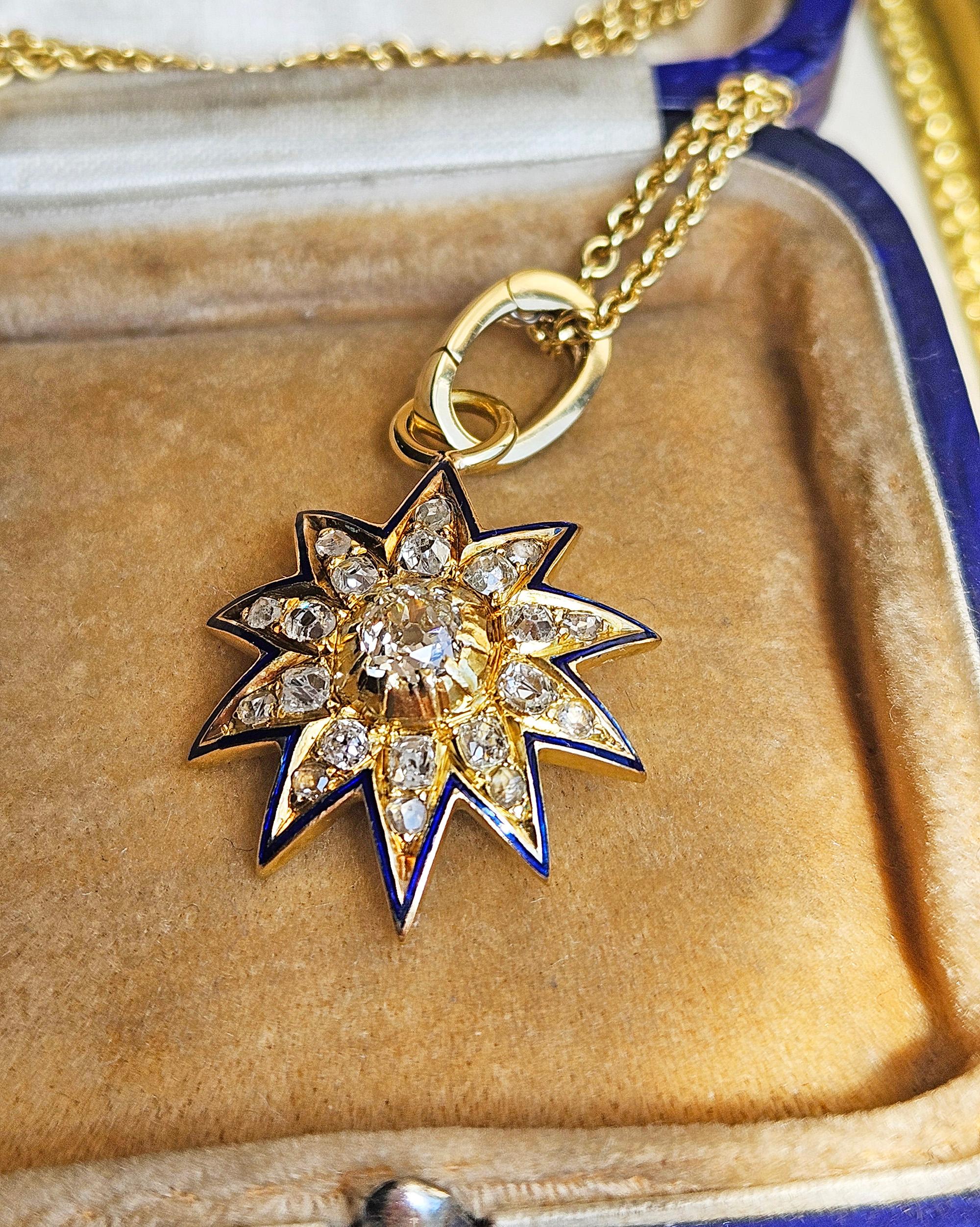 Antico ciondolo vittoriano GIA in oro 19K con diamante Old Mine da 1,21ctw e smalto blu. In condizioni buone in vendita a New York, NY