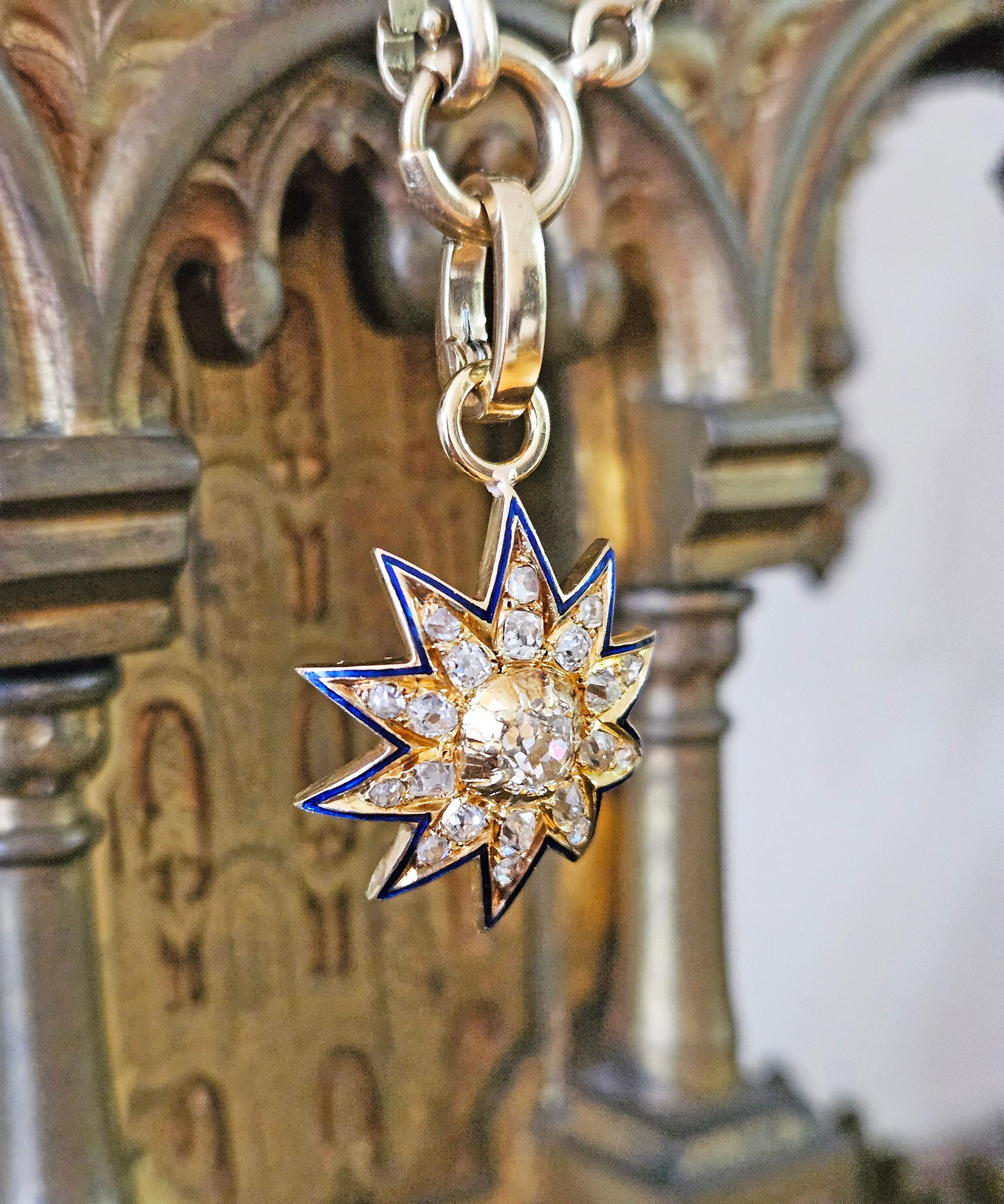 Antico ciondolo vittoriano GIA in oro 19K con diamante Old Mine da 1,21ctw e smalto blu. in vendita 1