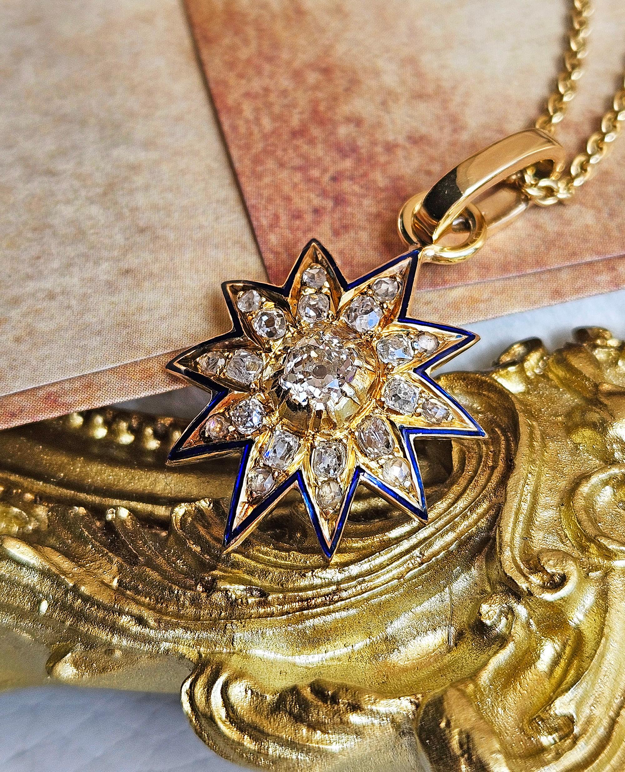 Antico ciondolo vittoriano GIA in oro 19K con diamante Old Mine da 1,21ctw e smalto blu. in vendita 2