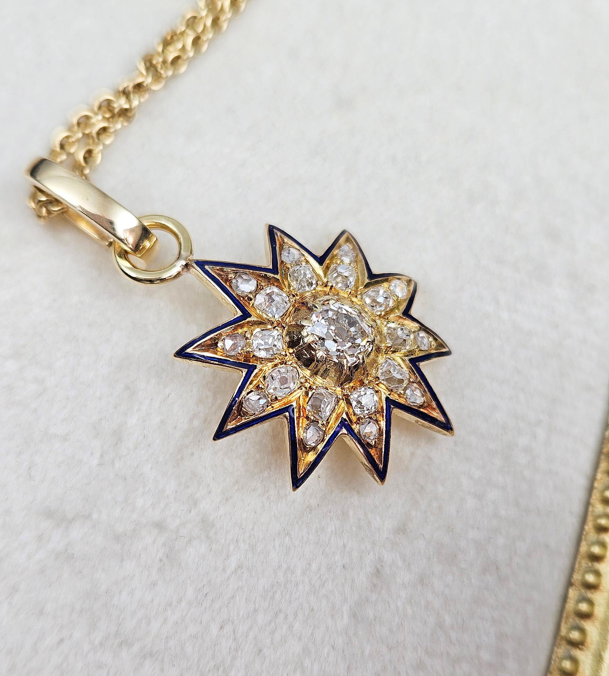 Antico ciondolo vittoriano GIA in oro 19K con diamante Old Mine da 1,21ctw e smalto blu. in vendita 3