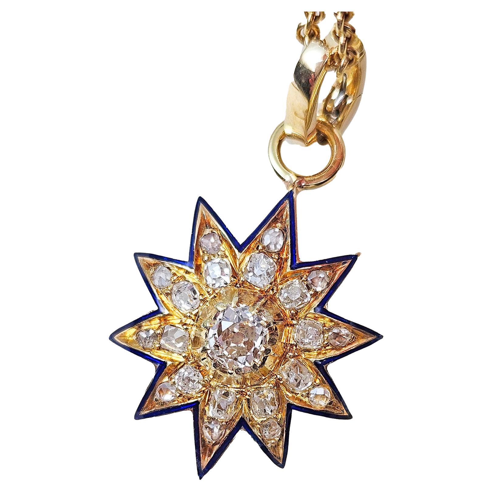 Antico ciondolo vittoriano GIA in oro 19K con diamante Old Mine da 1,21ctw e smalto blu. in vendita