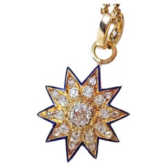 Antico ciondolo vittoriano GIA in oro 19K con diamante Old Mine da 1,21ctw e smalto blu.