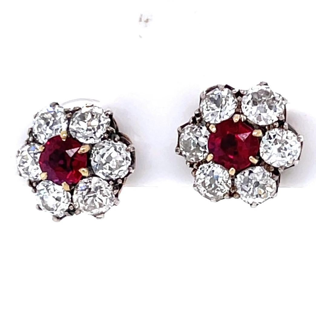 Antique Victorian GIA Burma No Heat Ruby Diamond Cluster Stud Earrings In Excellent Condition In Beverly Hills, CA