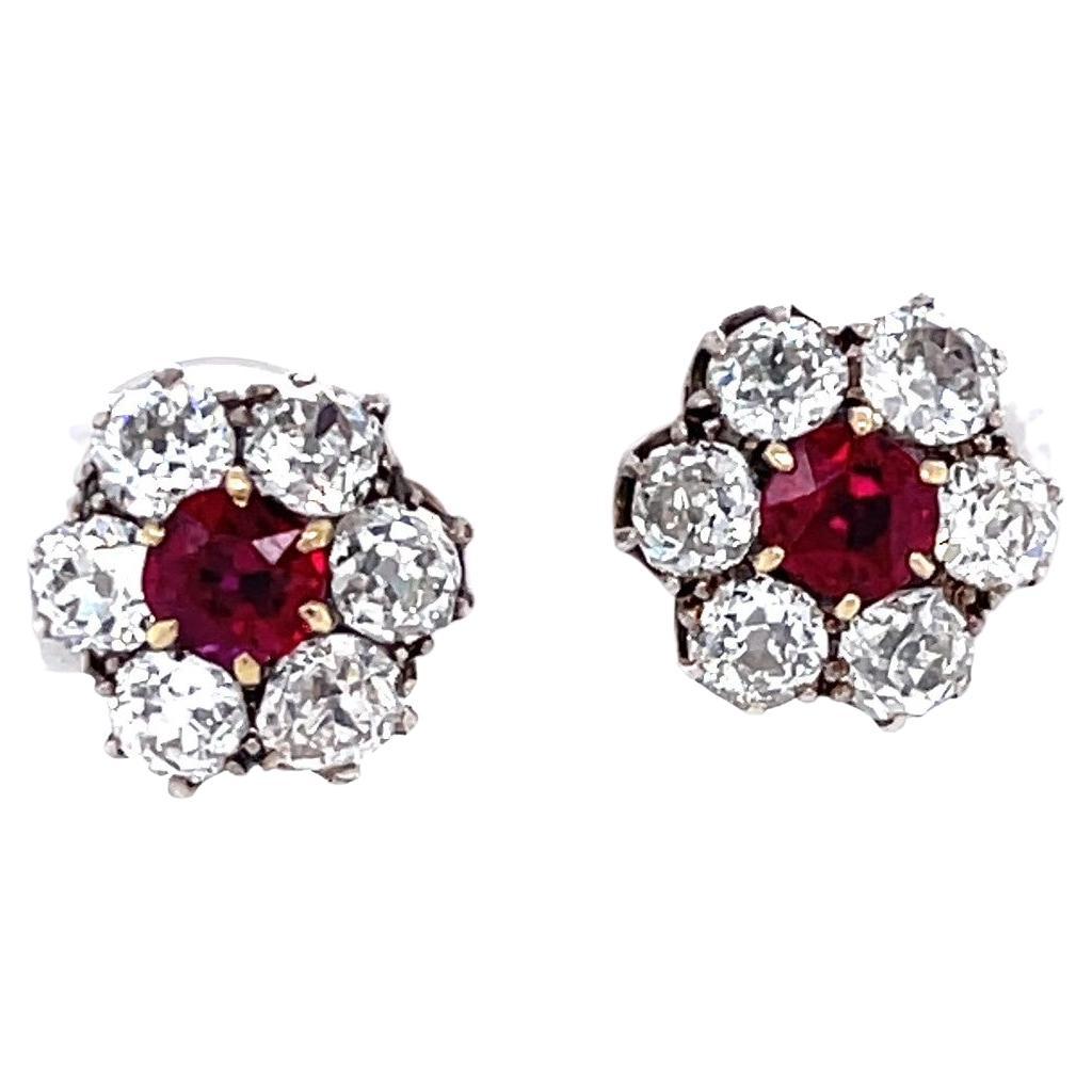 Antique Victorian GIA Burma No Heat Ruby Diamond Cluster Stud Earrings