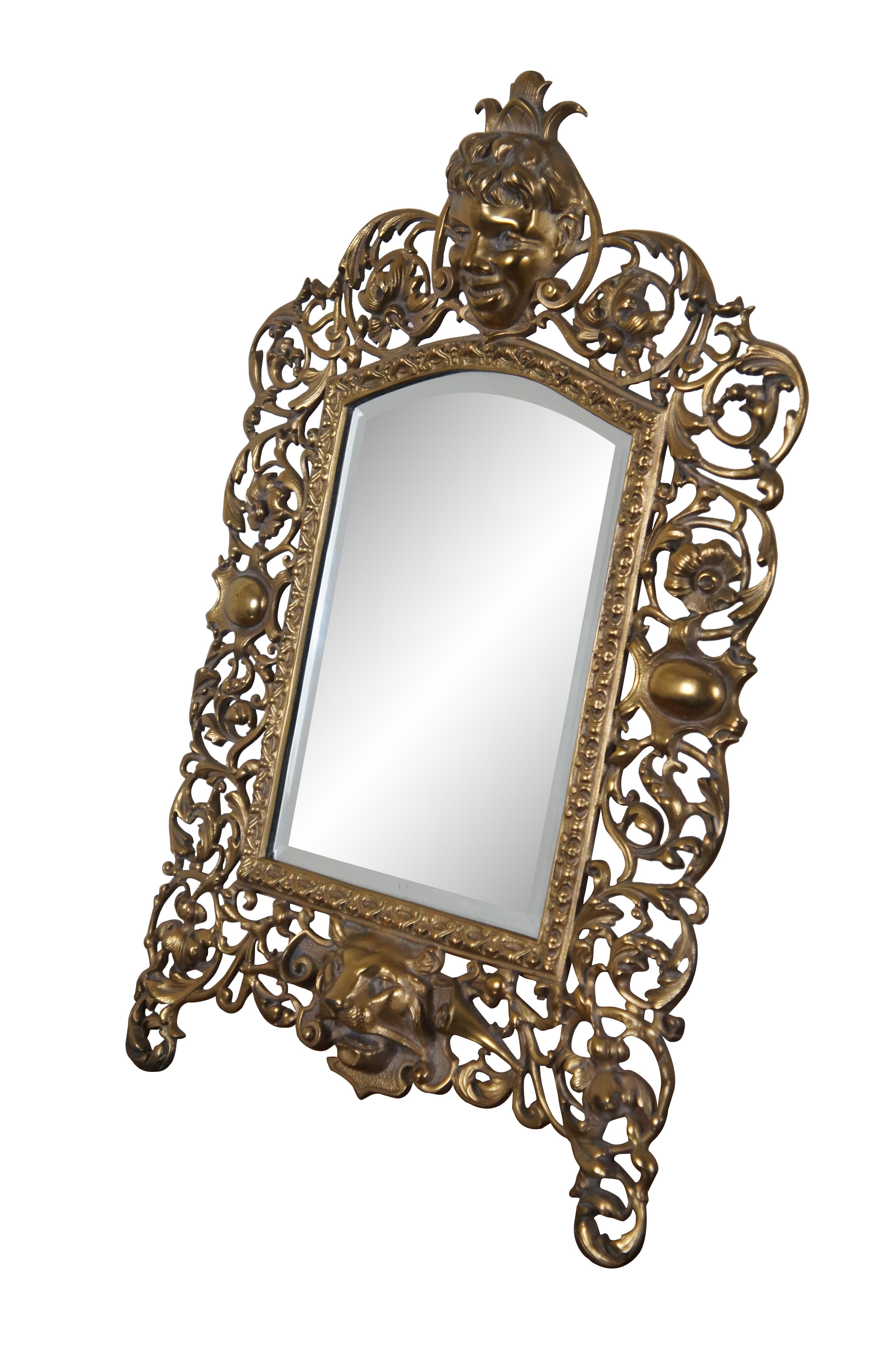 Baroque Antique Victorian Gilded Cast Iron Reticulated Cherub Lion Vanity Mirror 21