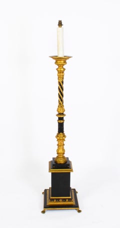 Antike viktorianische vergoldete und ebonisierte klassische Säulenlampe aus dem späten 19. Jahrhundert