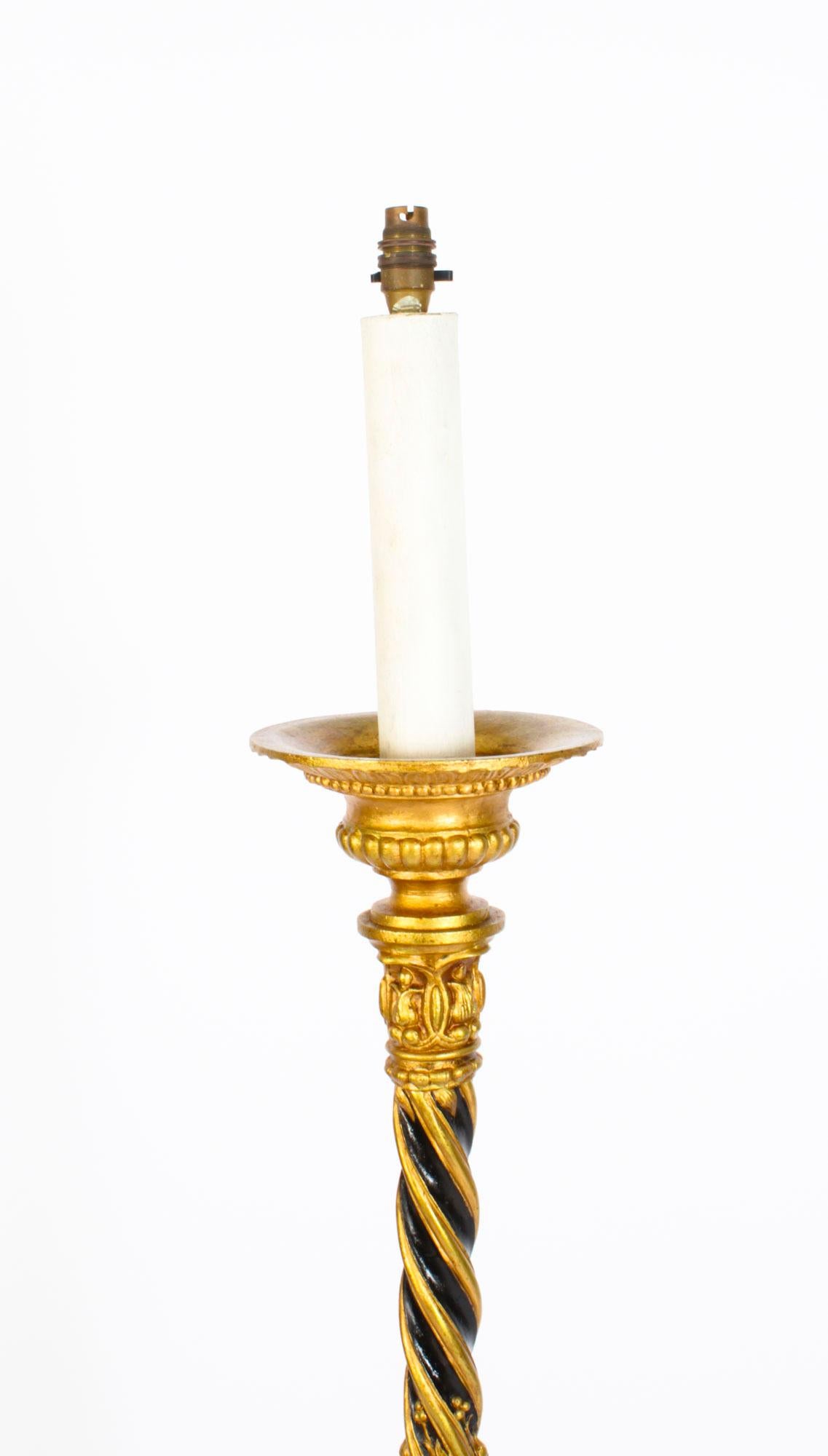 English Antique Victorian Gilded & Ebonized Classical Column Standard Lamp Late 19th C