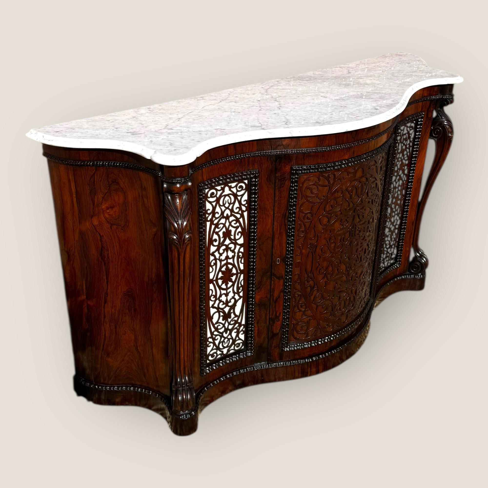 Antique Victorian Gillows Rosewood Credenza Sideboard – Serpentine Marble Top Victoriano en venta