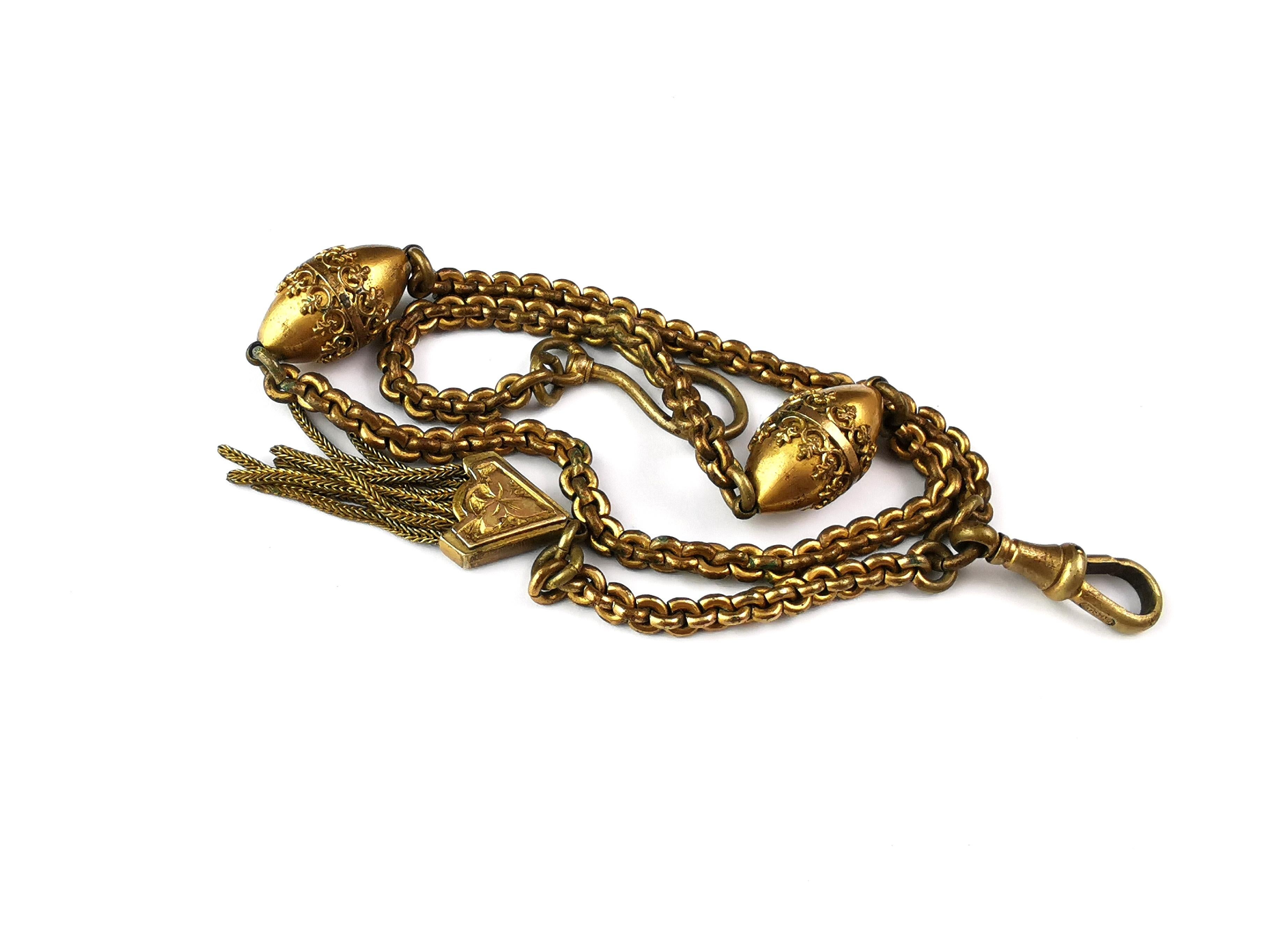 Antique Victorian gilt albertina chain, watch chain, tassel  For Sale 3