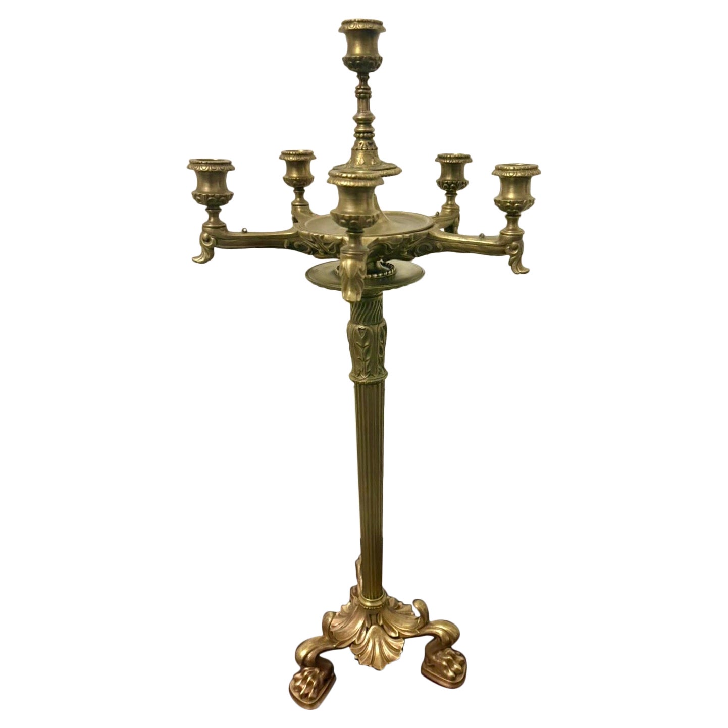 Antico candelabro a sei luci in ottone dorato vittoriano in vendita