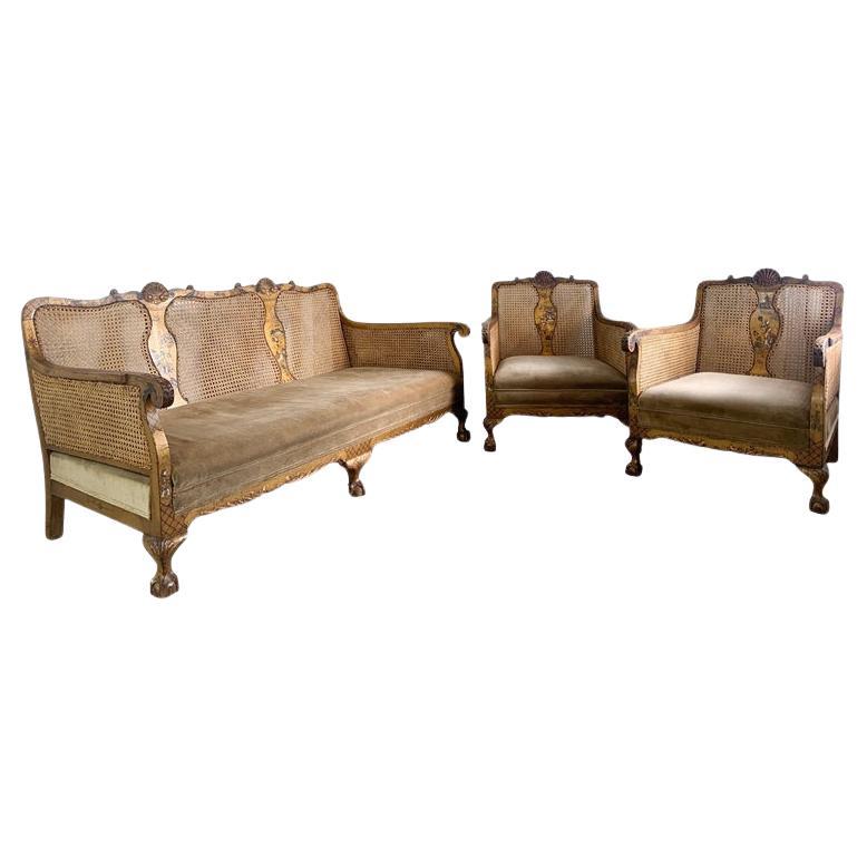 Antique Victorian Gilt Chinoiserie Bergere Suite English Circa 1885 For Sale