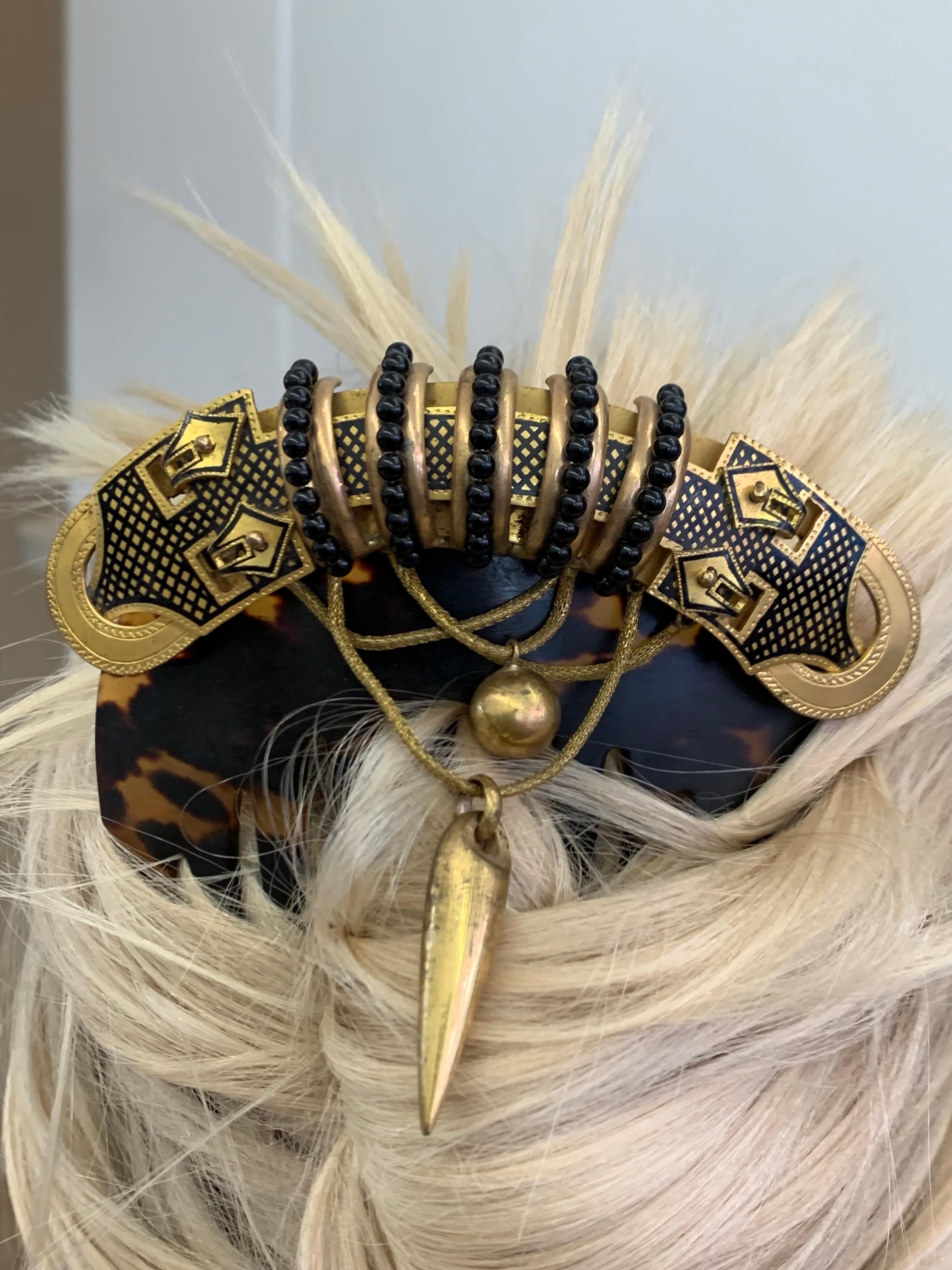 Women's Antique Victorian Gilt Metal Enamel Hair Comb Buckle Motif Suspended Ball  For Sale