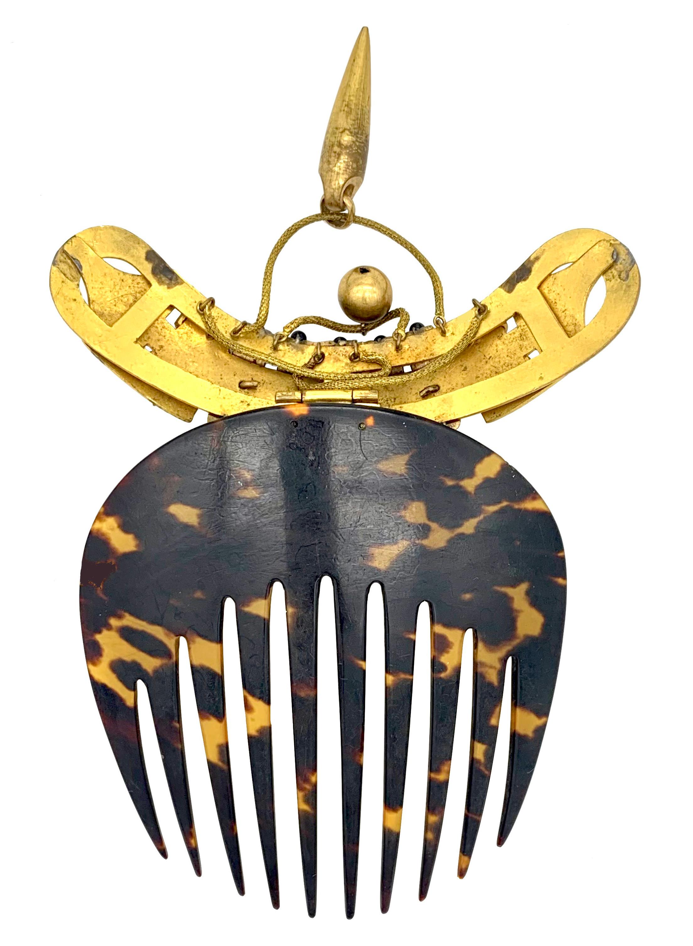 Antique Victorian Gilt Metal Enamel Hair Comb Buckle Motif Suspended Ball  In Good Condition For Sale In Munich, Bavaria