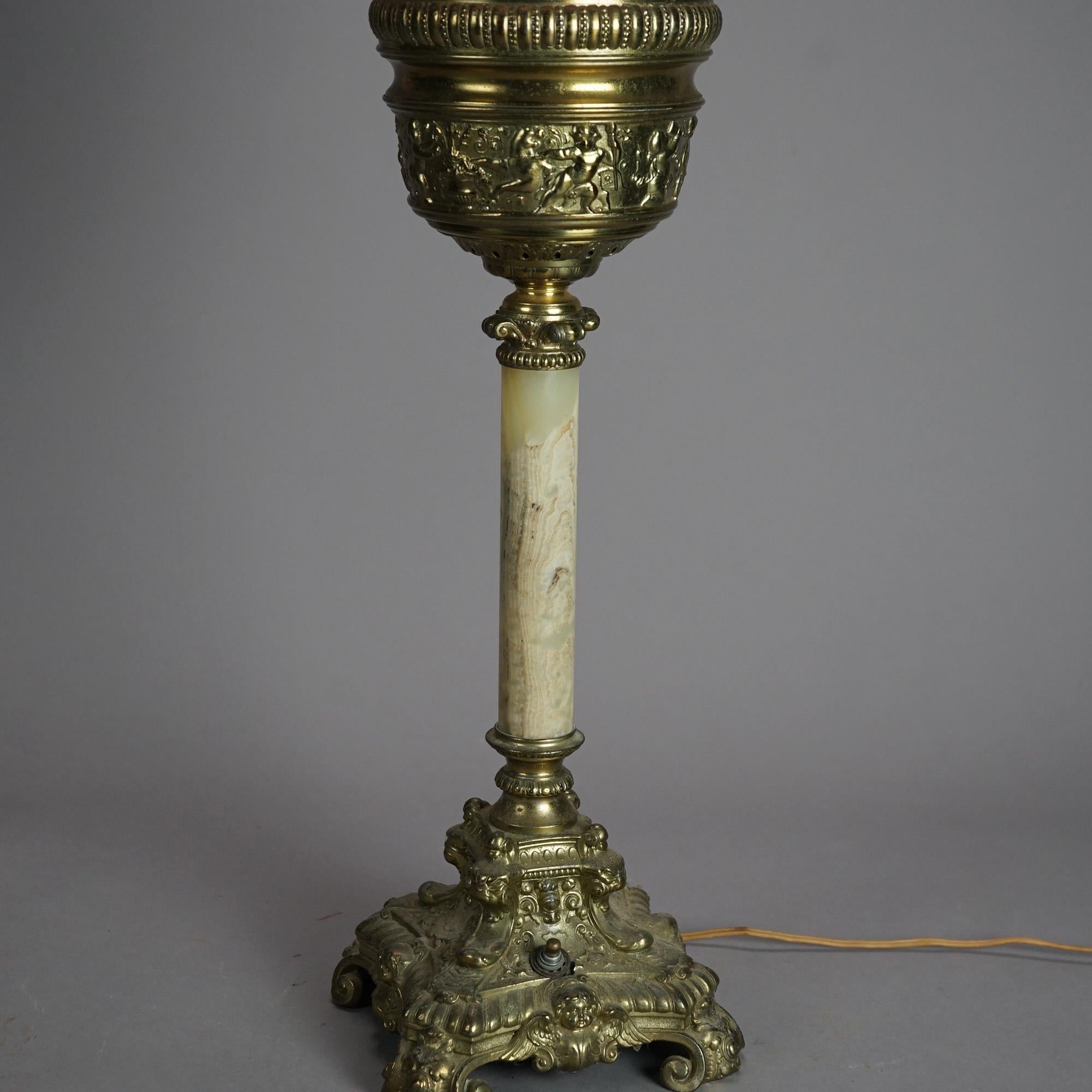 Classical Greek Antique Victorian Gilt Metal & Onyx Gone With The Wind Parlor Lamp c1880