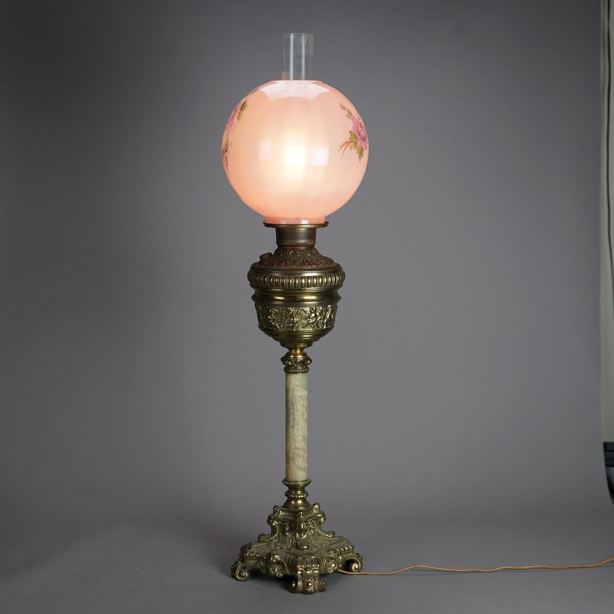 Hand-Painted Antique Victorian Gilt Metal & Onyx Gone With The Wind Parlor Lamp c1880