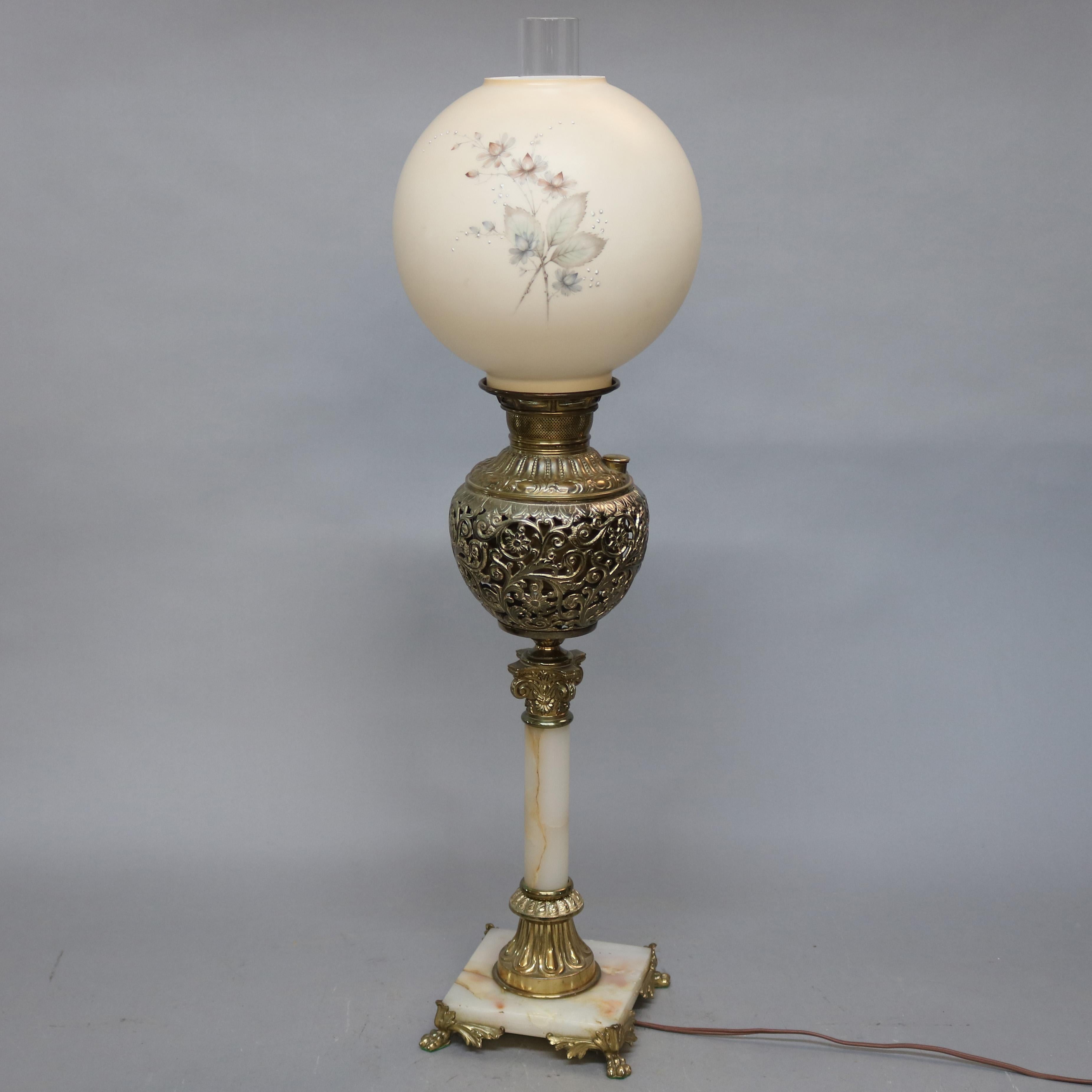 Antique Victorian Gilt Metal and Onyx Parlor Lamp, circa 1890 In Good Condition In Big Flats, NY