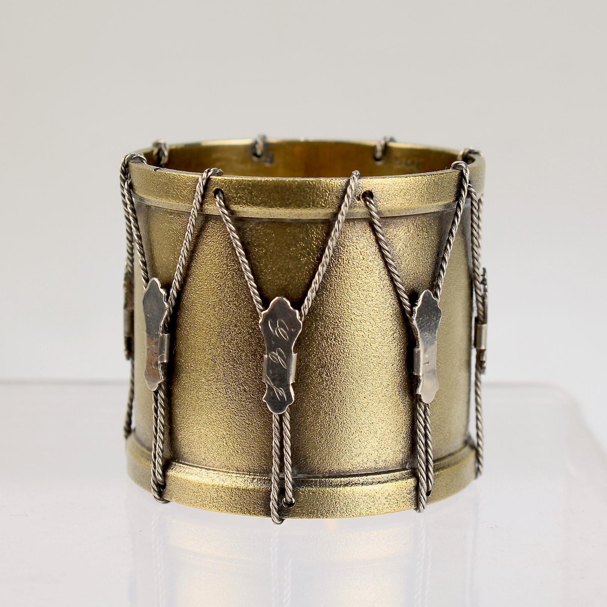 Women's or Men's Antique Victorian Gilt Sterling Silver Drum Shaped Napkin Ring and Case For Sale