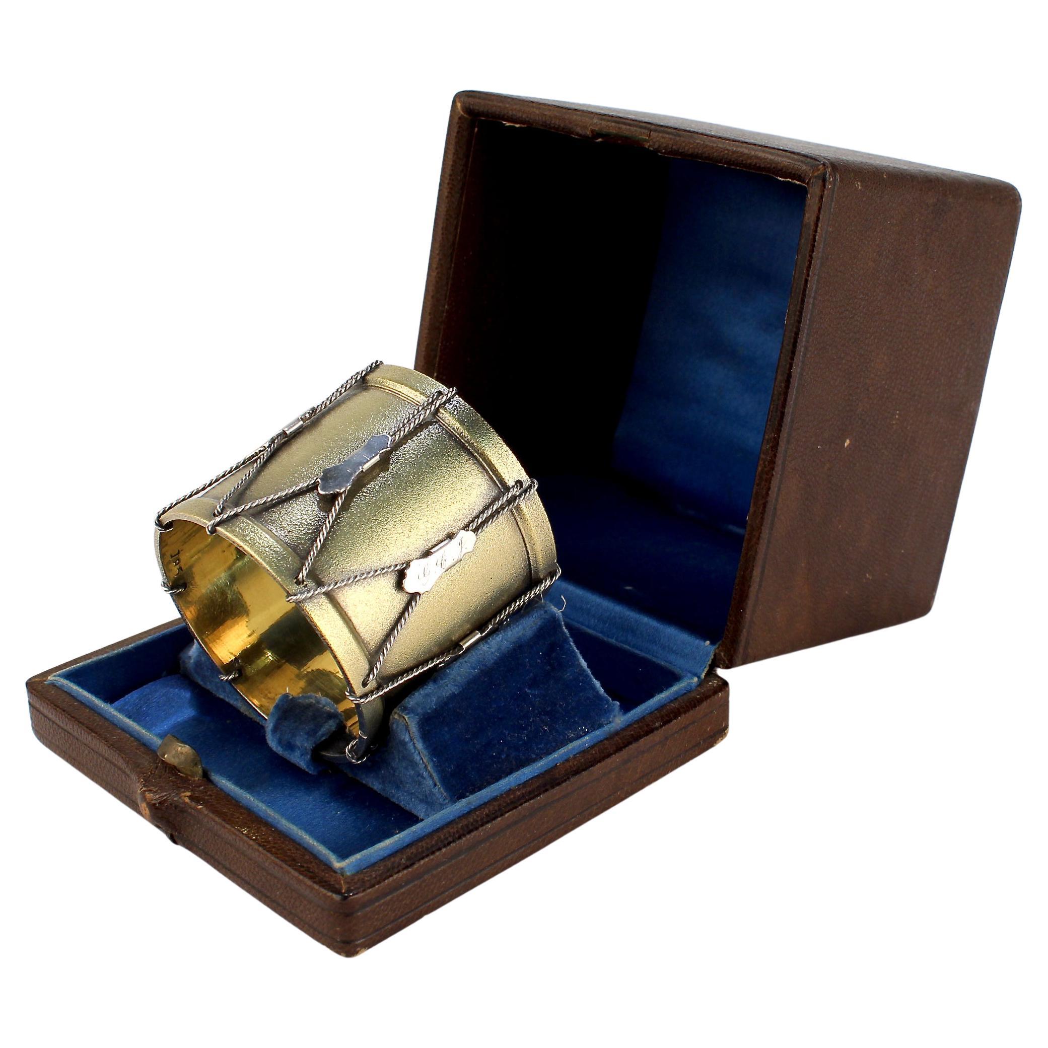 Ancienne bague de serviette victorienne en forme de tambour en argent sterling doré avec étui