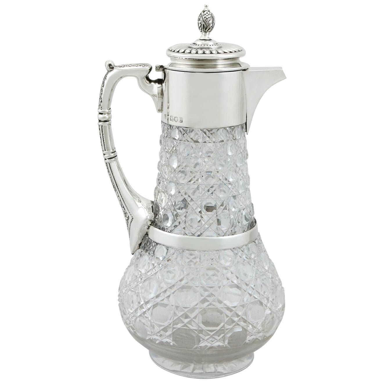 Antique Victorian Glass and Sterling Silver Mounted Claret Jug, 1896