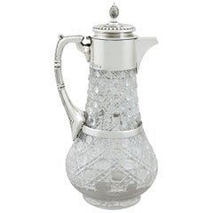 Antique Victorian Glass and Sterling Silver Mounted Claret Jug, 1896