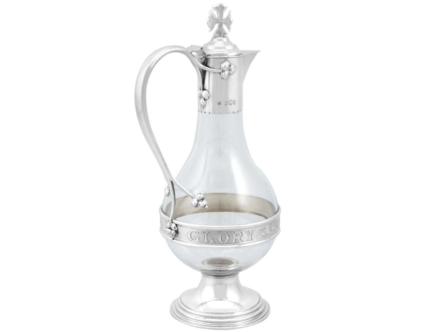 Late 19th Century Antique Victorian Glass and Sterling Silver Mounted Communion Wine Jug For Sale