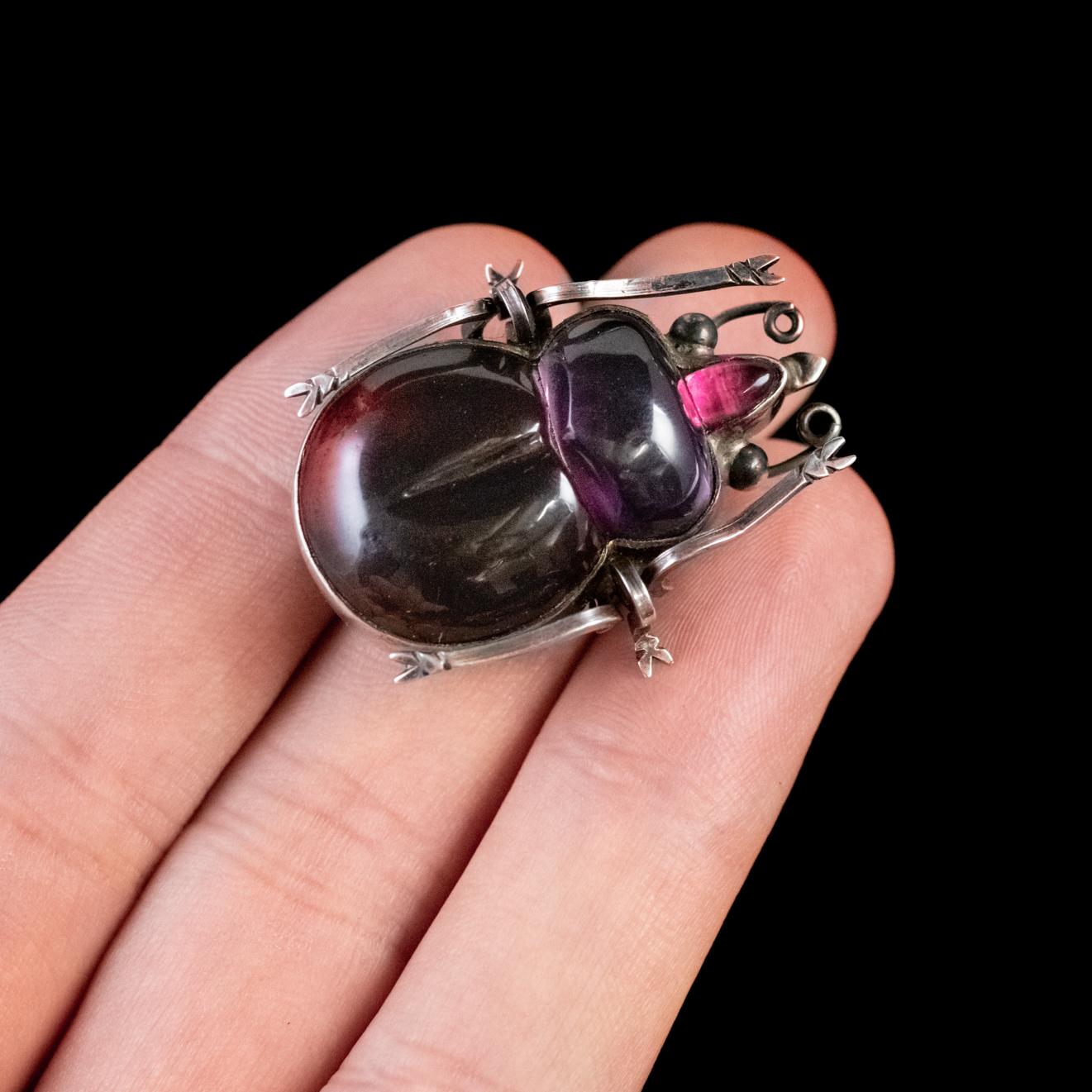 Antique Victorian Glass Cabochon Sterling Silver Beetle, circa 1880 In Good Condition In Lancaster, Lancashire