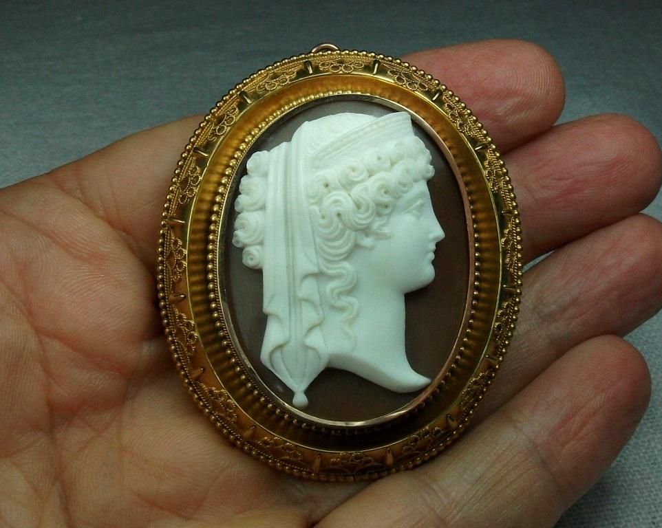Carved Shell Cameo Brooch Pin ~ Rare Left Facing Greek Mythology Woman Portrait