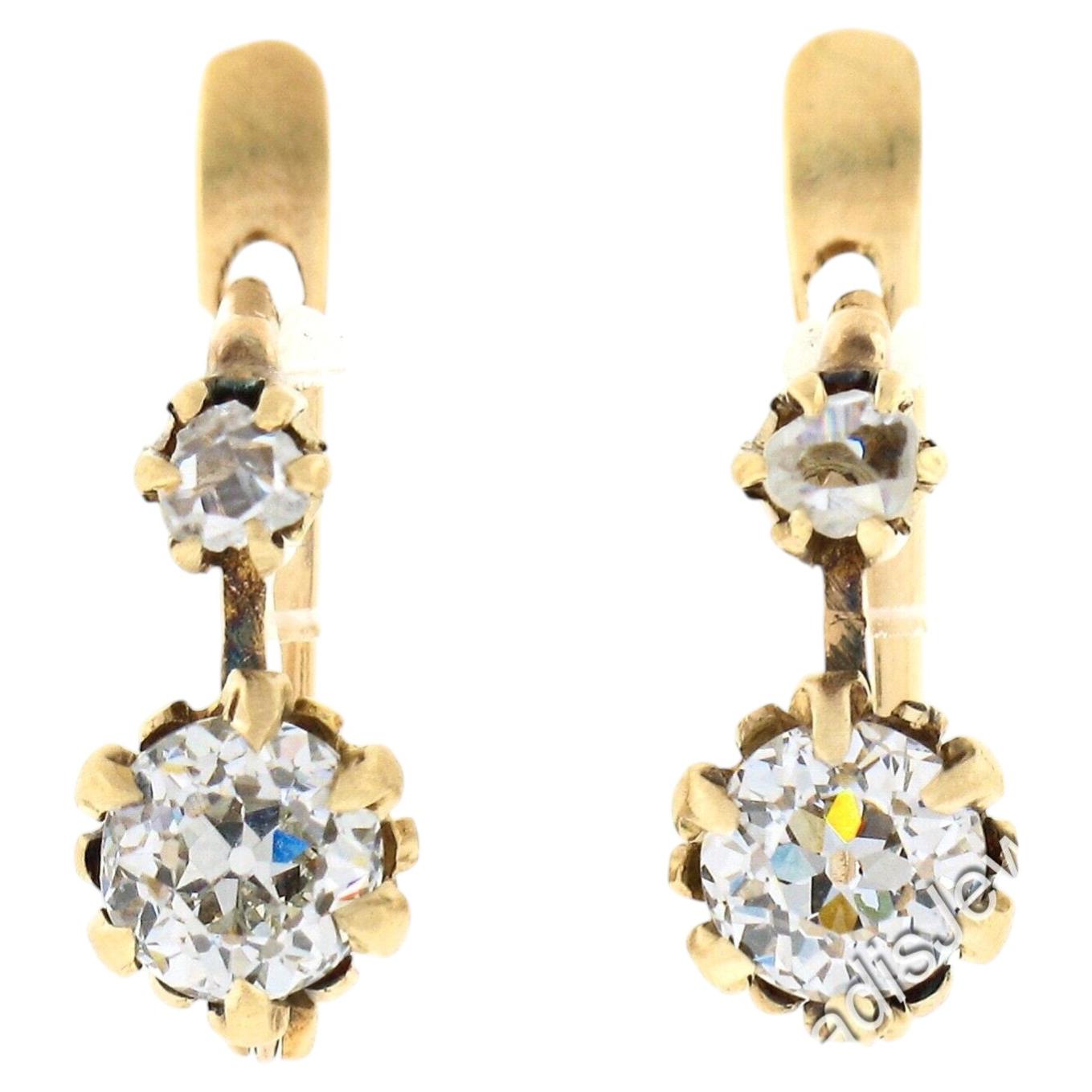 Orecchini a goccia in oro antico vittoriano con diamanti europei da 1,10 ct GIA