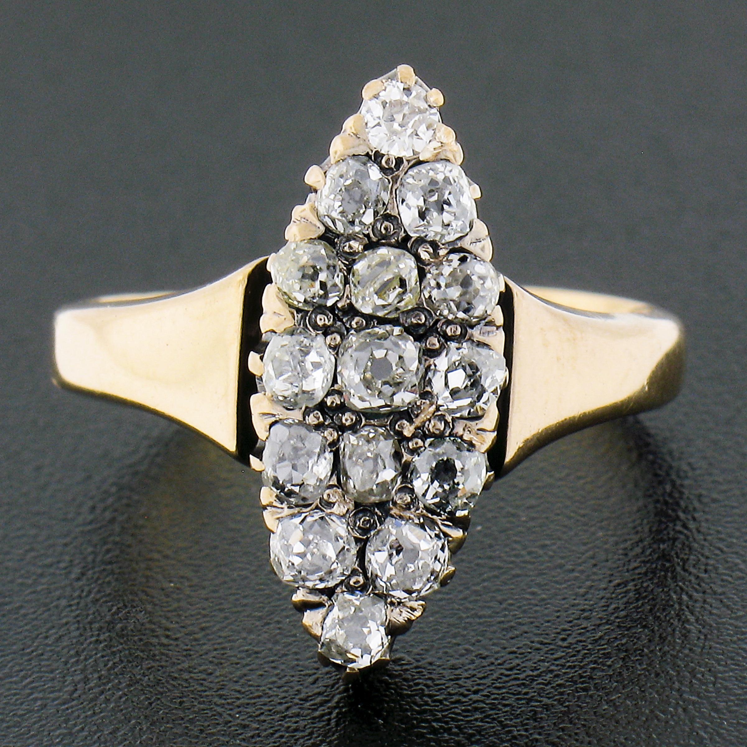 Antique Victorian Gold 1.6ct Old Mine Cut Diamond Navette Marquise Cocktail Ring In Good Condition For Sale In Montclair, NJ