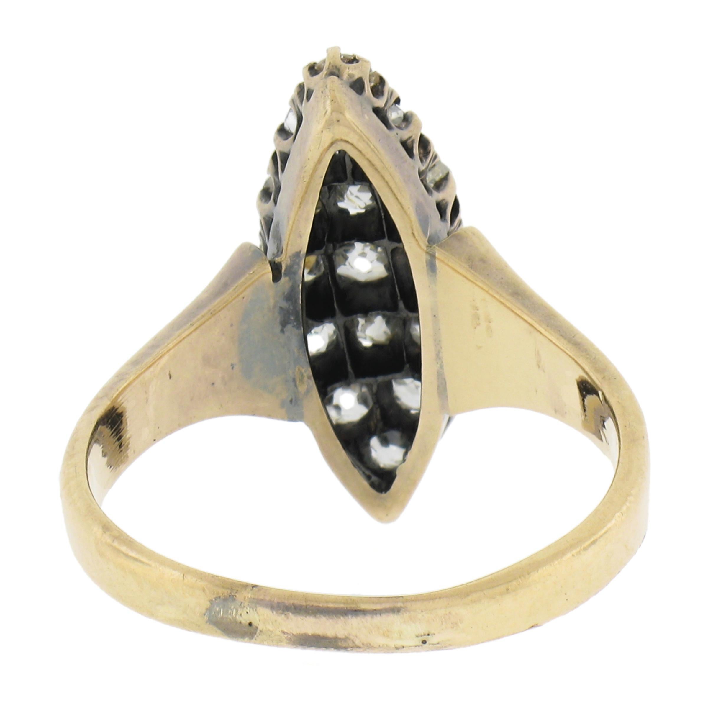 Antique Victorian Gold 1.6ct Old Mine Cut Diamond Navette Marquise Cocktail Ring For Sale 2
