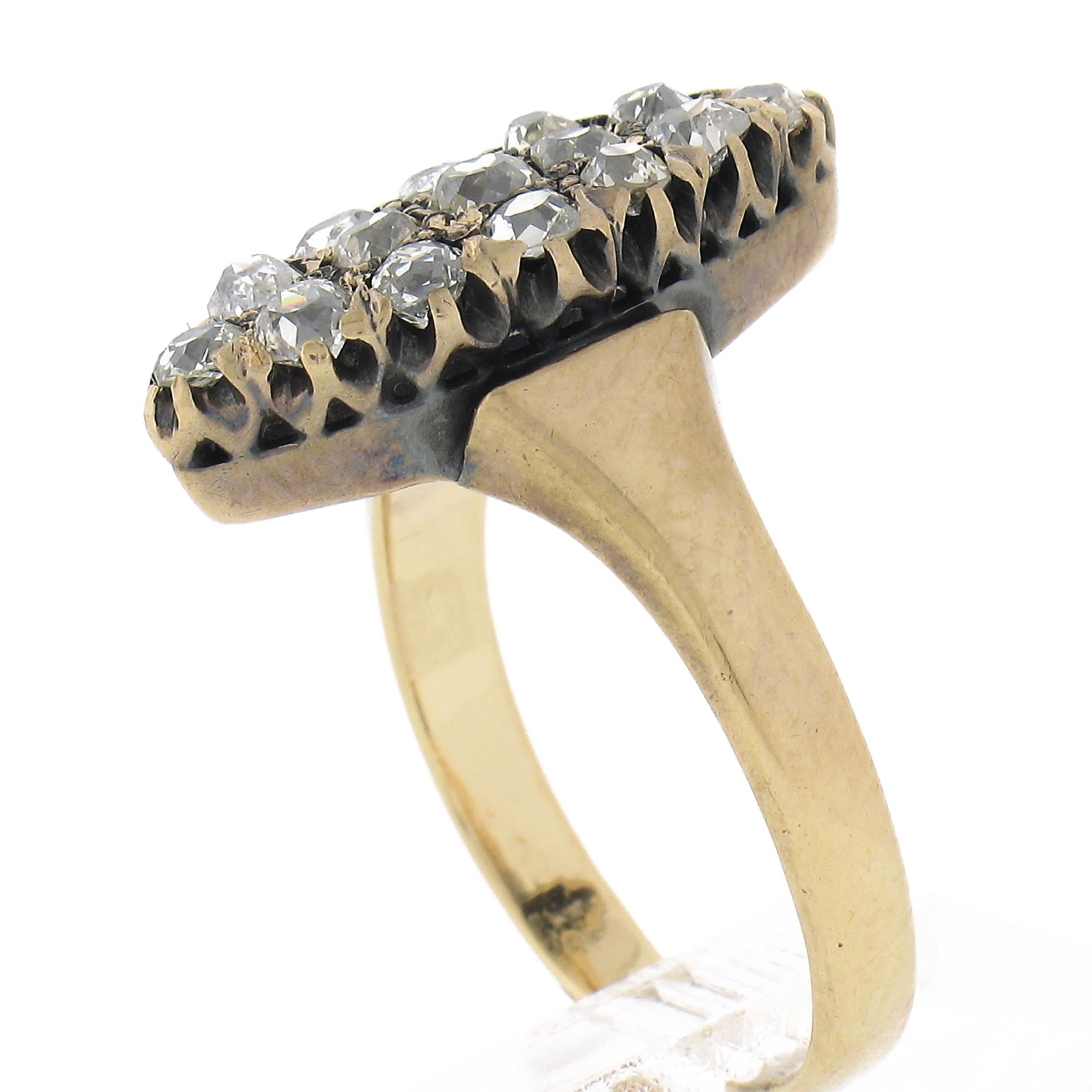 Antique Victorian Gold 1.6ct Old Mine Cut Diamond Navette Marquise Cocktail Ring For Sale 4