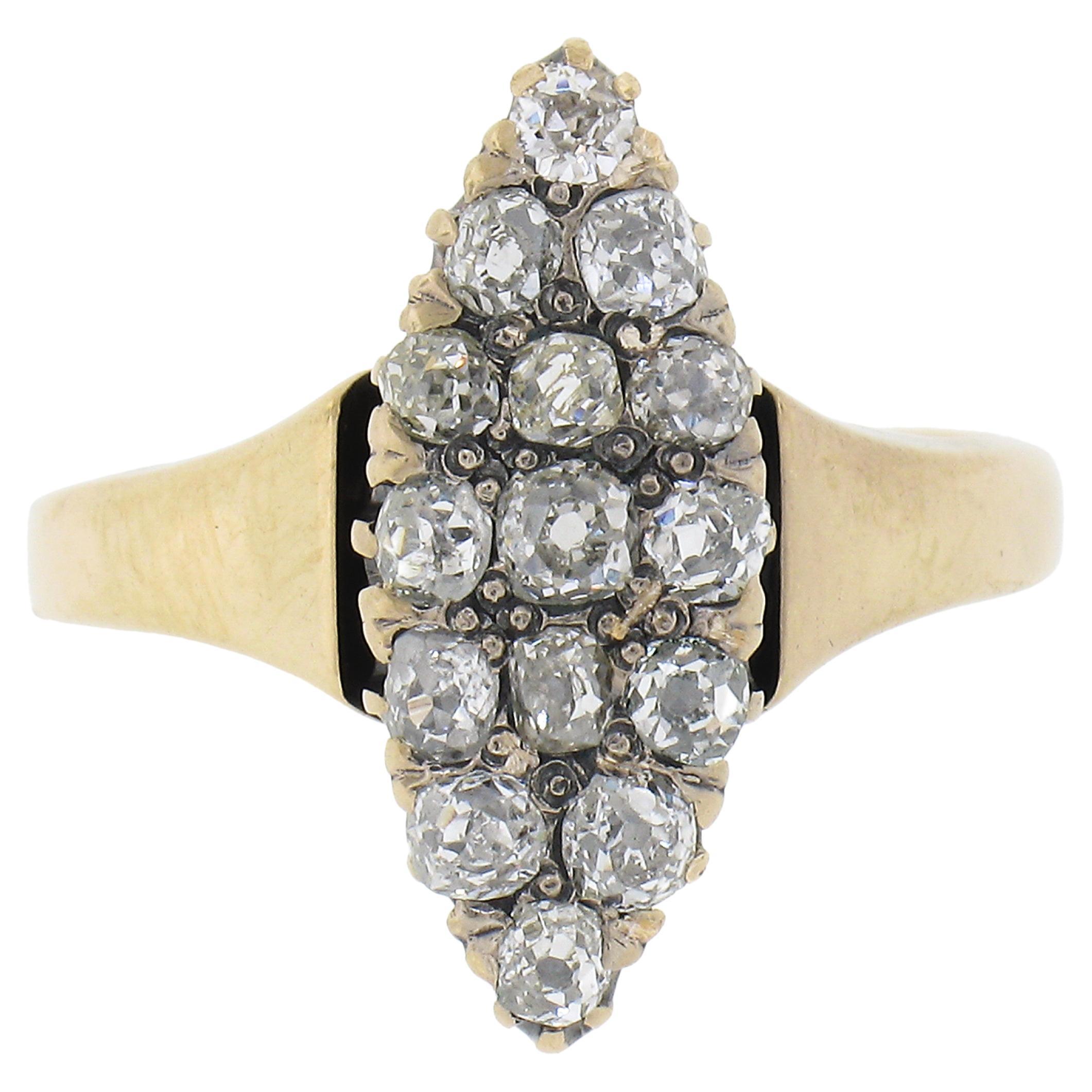 Antique Victorian Gold 1.6ct Old Mine Cut Diamond Navette Marquise Cocktail Ring For Sale