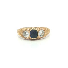 Antique Victorian Gold 1.82ctw Old Cut Diamond & Sapphire Repousse Work Ring