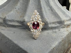Antique Victorian Gold 3.5ctw GIA Old Mine Cut Diamond Cushion Ruby Navette Ring