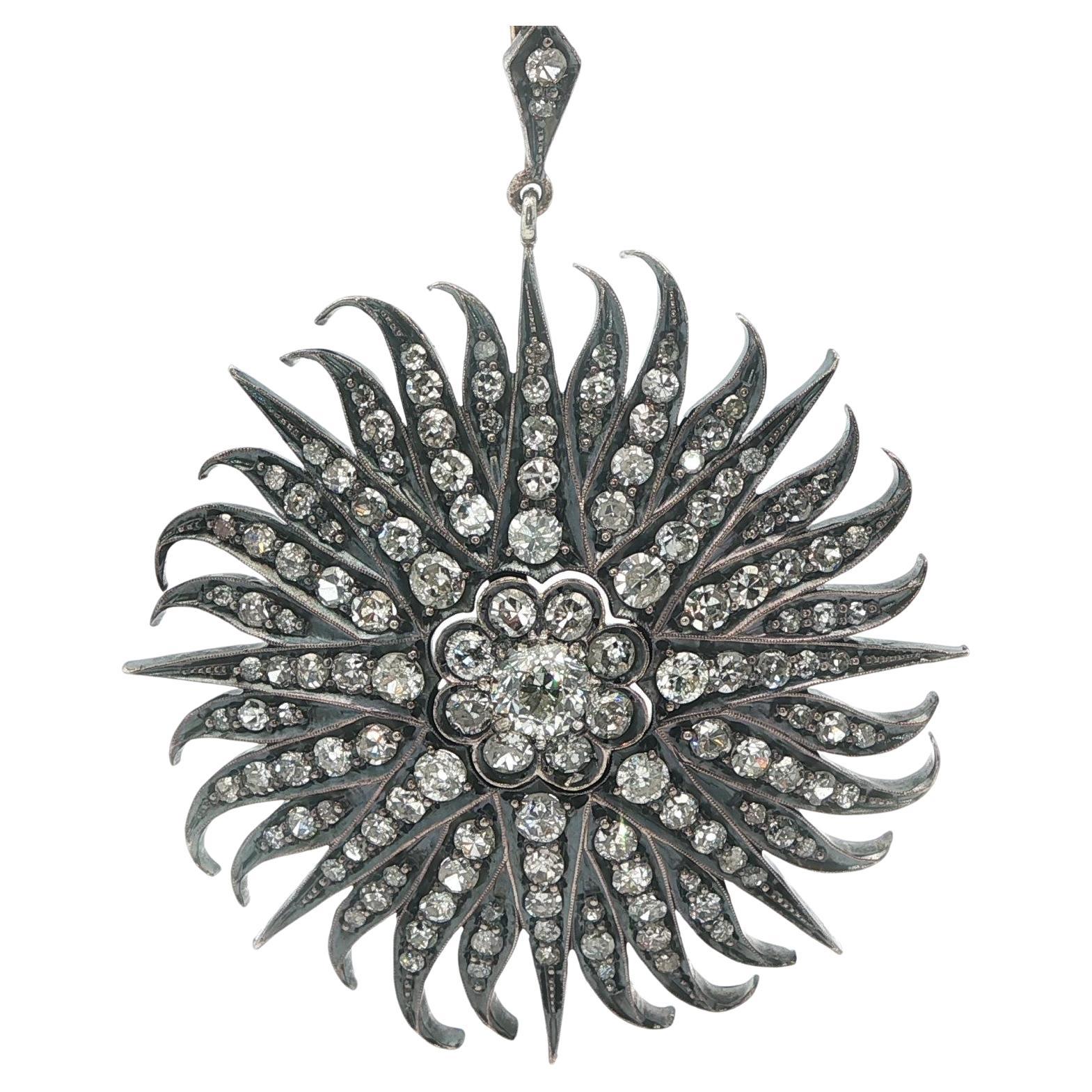 Antique Victorian Gold 4.01ctw GIA Old Cut Diamond Star Burst Pendant Necklace For Sale