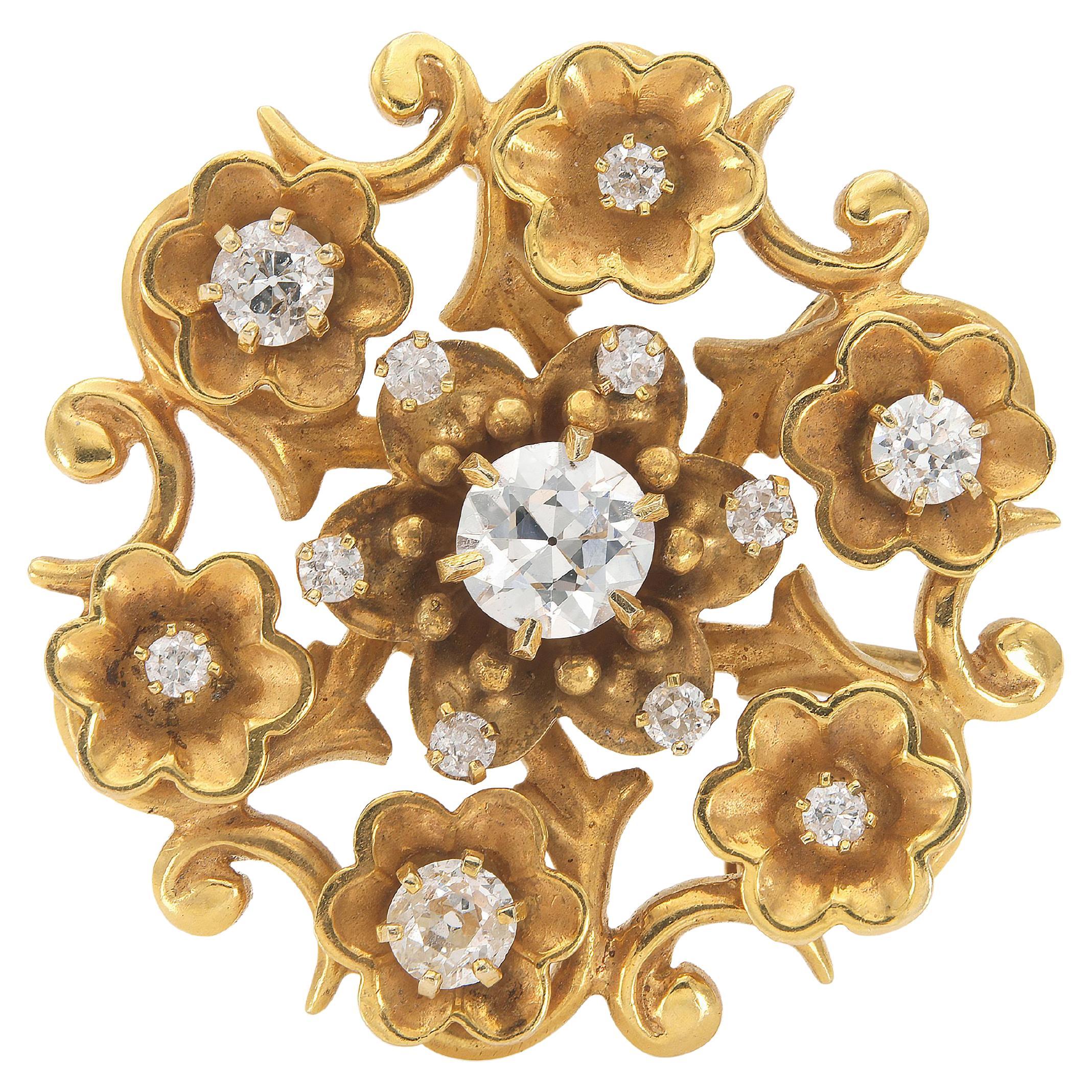 Antique Victorian Gold and 2.00 Carat Diamond Flowers Brooch Pendant