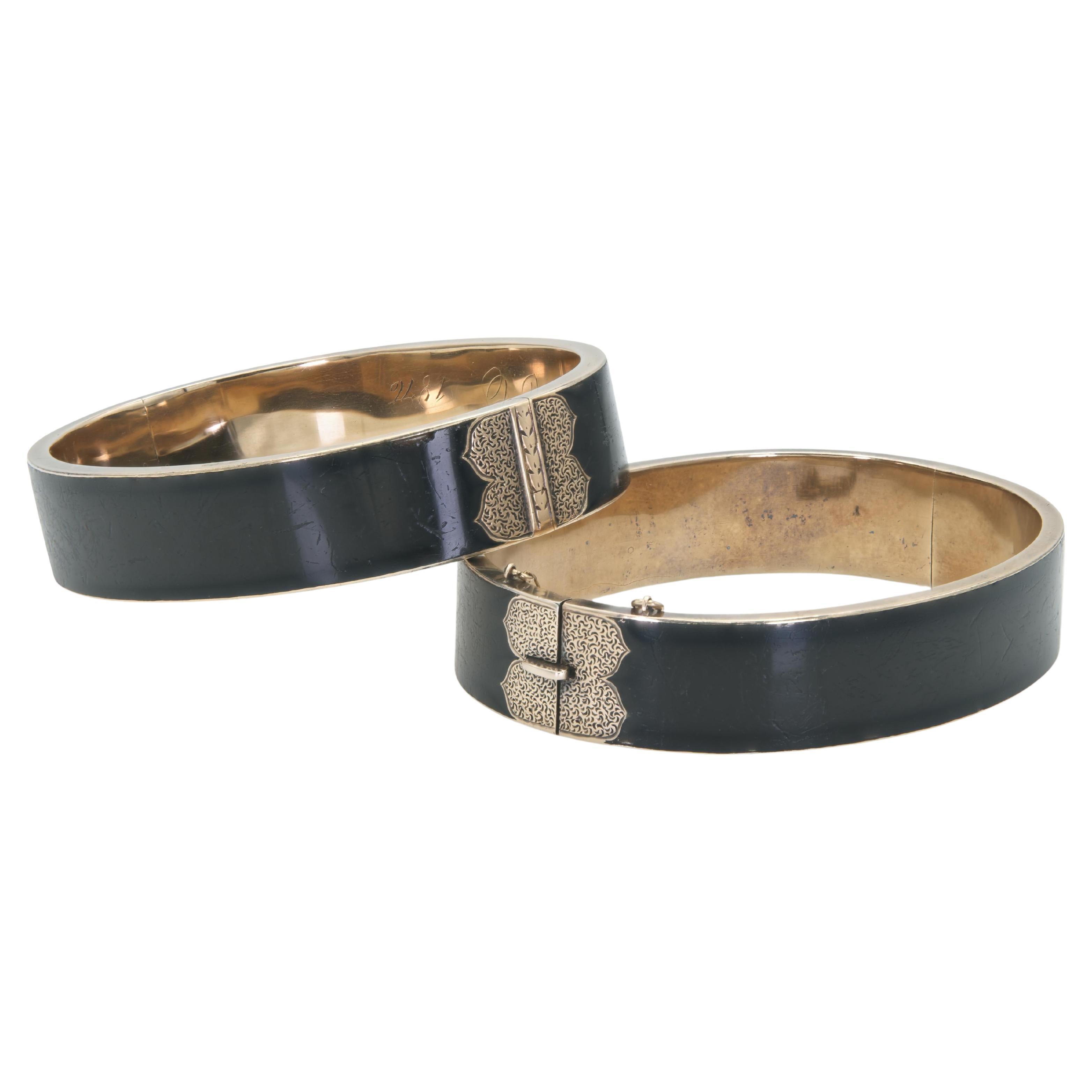 Antique Victorian Gold and Black Enamel Hinged Bangle Bracelet Pair